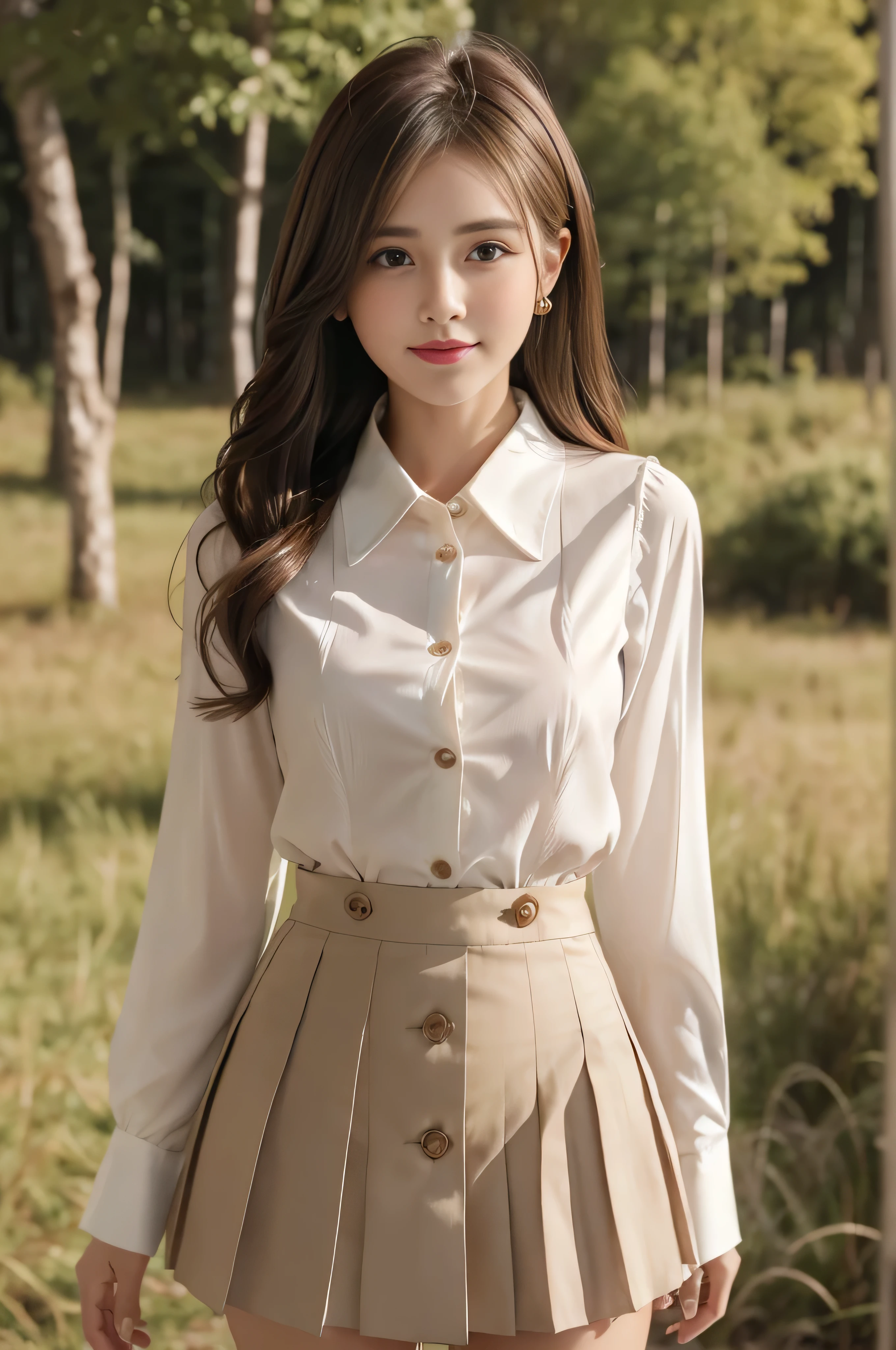 Bread chira、whole body、field, best quality, Realistic, super detailed, down to the last detail, High resolution, 4k wallpaper, Beautiful woman,, light brown hair, wore a suit, perfect dynamic composition, beautiful and delicate eyes, delicate hair, Round face model body type、mini skirt、drooping eyes,shy smile,in woods,((white long sleeve button up blouse_with collar_Remove up to the second button_brown pleated mini skirt:1.3)),