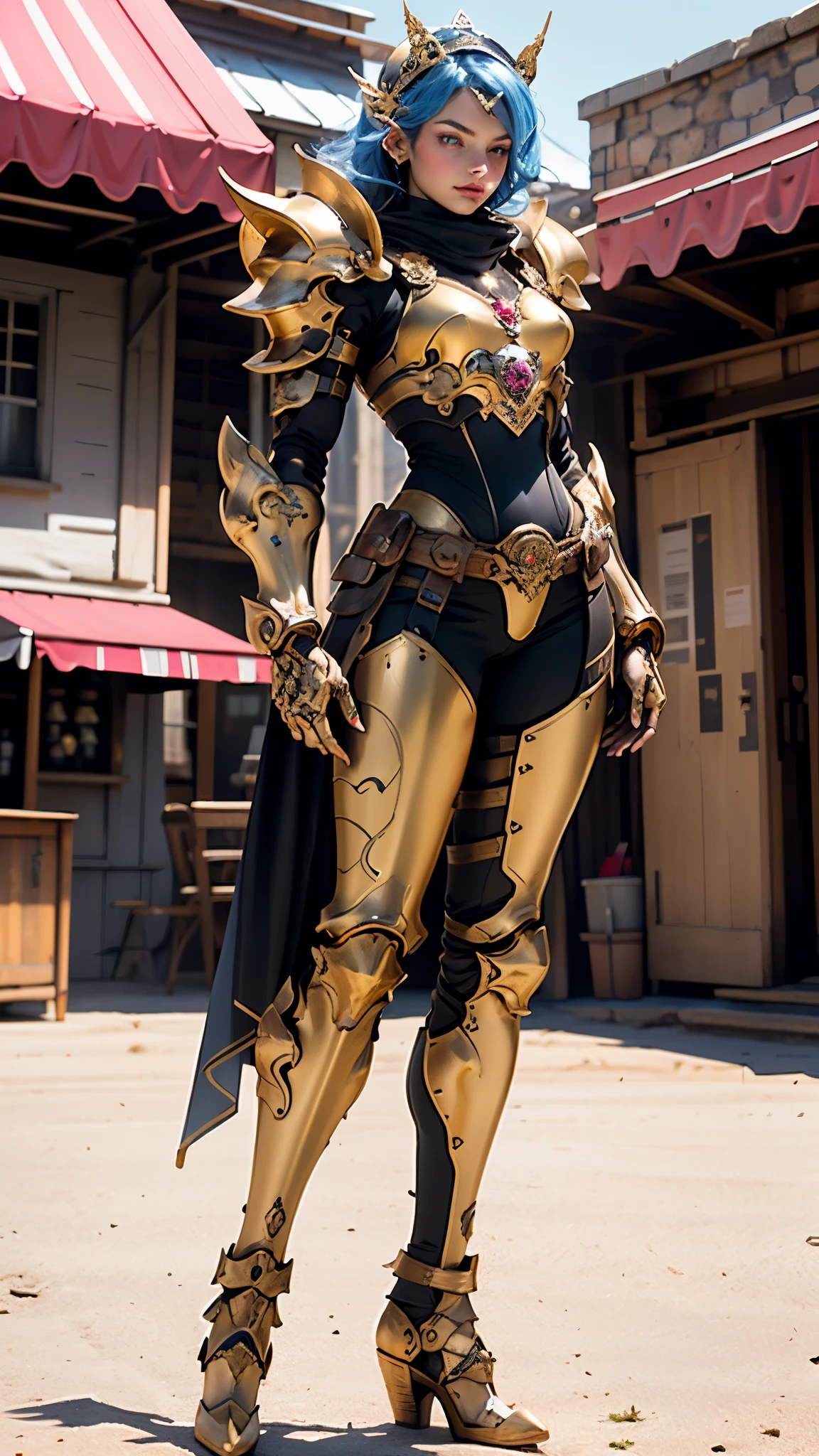 A woman adorned in fantasy-style full-body armor, a crown-concept fully enclosed helmet that unveils only her eyes, a composite layered chest plate, fully encompassing shoulder and hand guards, a lightweight waist armor, form-fitting shin guards, the overall design is heavy-duty yet flexible, ((the armor gleams with a golden glow, complemented by red and blue accents)), exhibiting a noble aura, she floats above a fantasy-surreal high-tech city, this character embodies a finely crafted fantasy-surreal style armored hero in anime style, exquisite and mature manga art style, (Queen bee mixed with Spider concept Armor), ((real woman, beautiful woman, photorealistic, elegant, goddess, femminine:1.5)), metallic, high definition, best quality, highres, ultra-detailed, ultra-fine painting, extremely delicate, professional, anatomically correct, symmetrical face, extremely detailed eyes and face, high quality eyes, creativity, RAW photo, UHD, 32k, Natural light, cinematic lighting, masterpiece-anatomy-perfect, masterpiece:1.5
