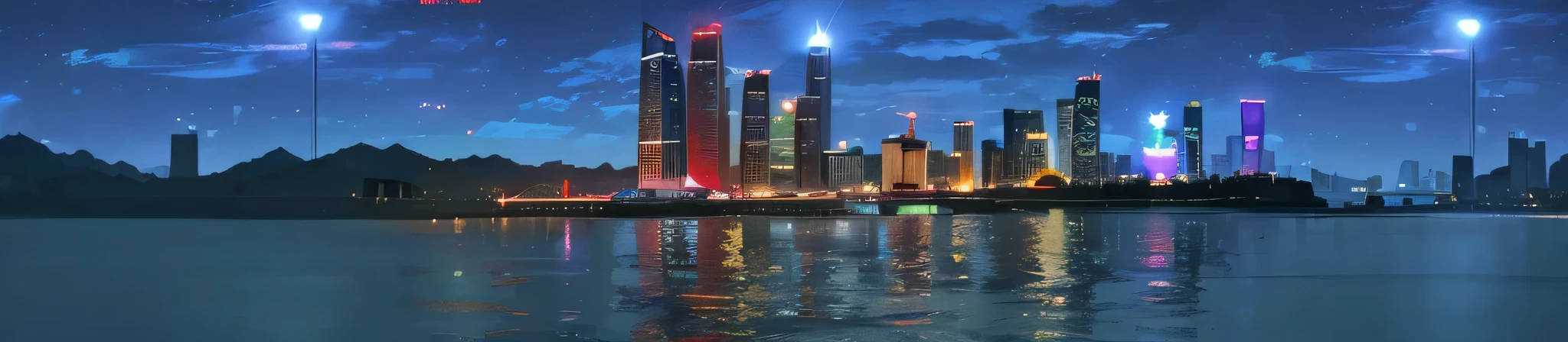 nighttime scene of a City with a large body of water, Shenzhen, beautiful City of the future, Beijing, City, skyline showing, Giant red LED screen, Hangzhou, Luminous matte painting, City in backround, stunning images, Wide-angle lens, Wide-angle lens, 2030, City backdrop, shanghai City, City of the future