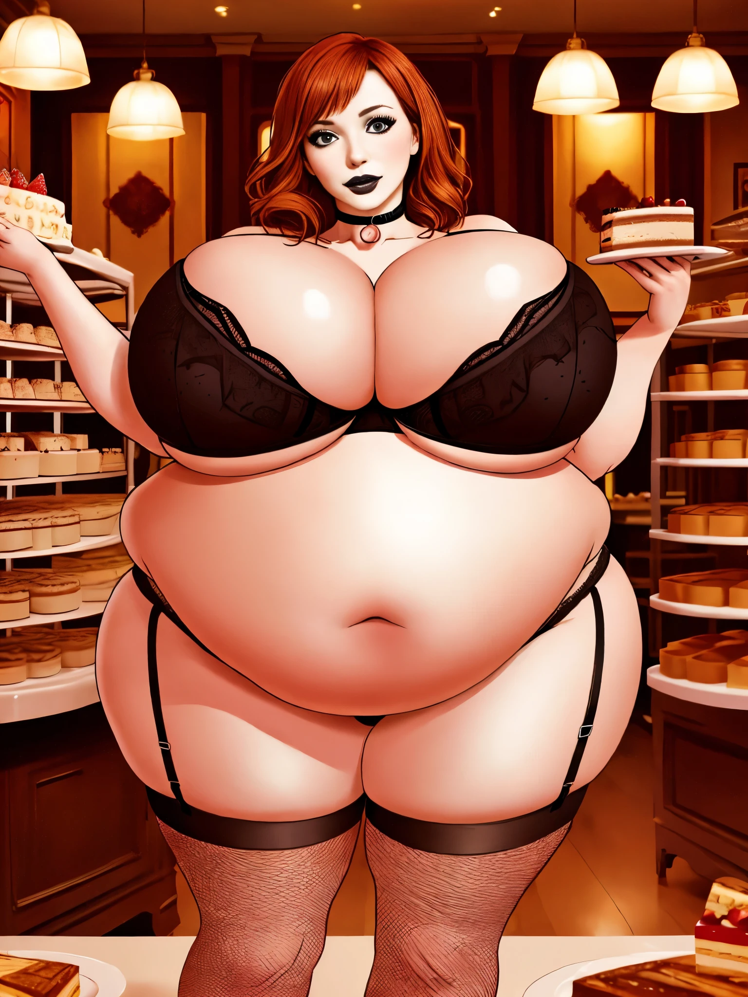 Christina Hendricks, masterpiece quality, realistic, lots of detail, studio lighting, 1girl, solo, alone, (alone:1.9), in a bakery, lots of cake in background, lots of dessert in background, wearing black lipstick, wearing black eyeliner, wearing black lace bra, wearing black lace panties, wearing choker collar, wearing fishnet stockings, big breasts, (gigantic breasts:1.4), fat body, chubby belly, (fat belly:1.4), obese, ssbbw,