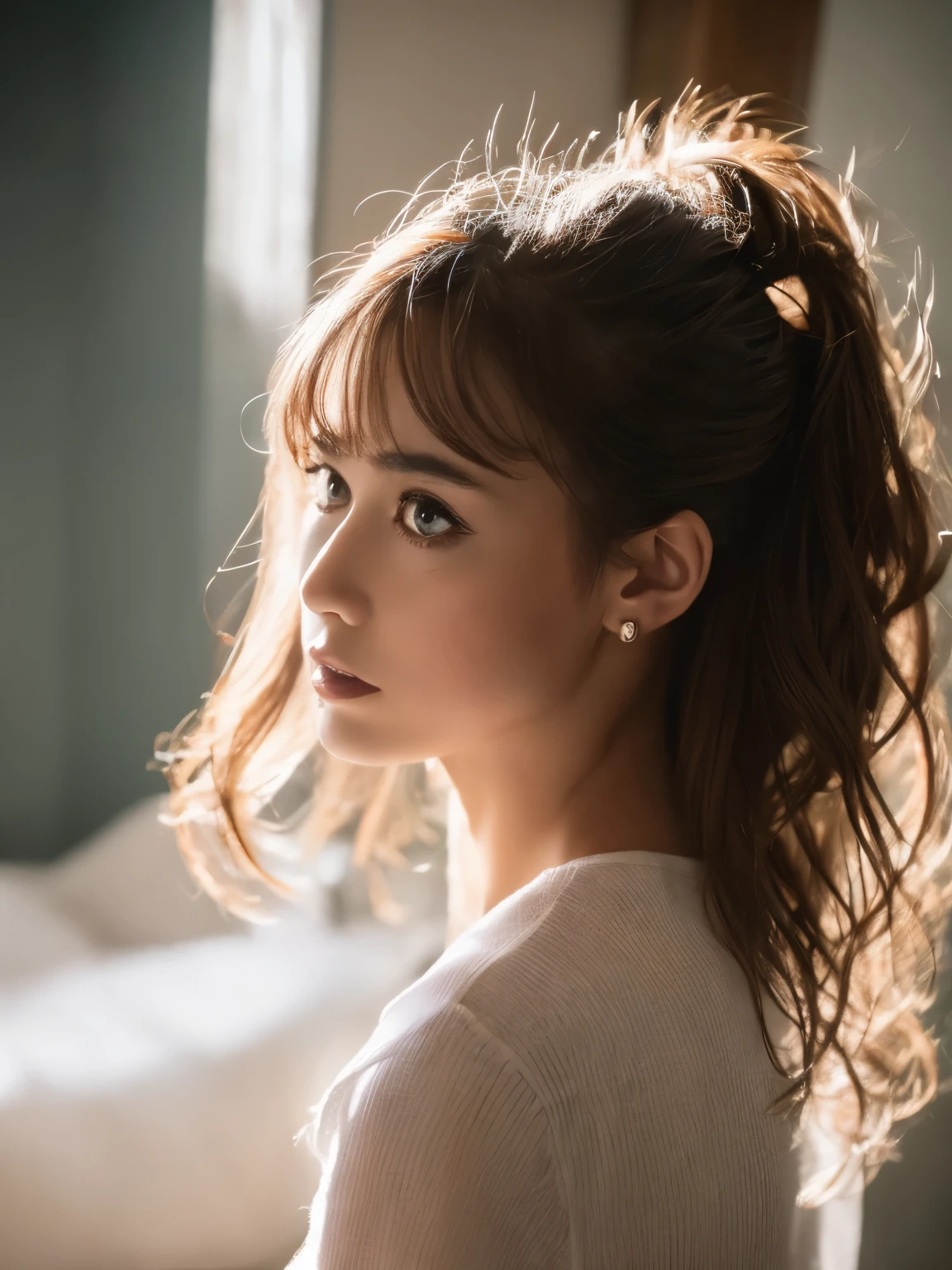 cinematic color, beautiful matanity woman, (best quality, ultra-detailed), feminin lighting, messy hair, wearing see-through white shirt and jeans, delicate features, dreamy atmosphere