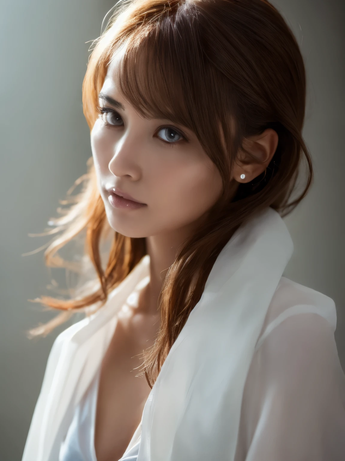 cinematic color, beautiful matanity woman, (best quality, ultra-detailed), feminin lighting, messy hair, wearing see-through white shirt and jeans, delicate features, dreamy atmosphere