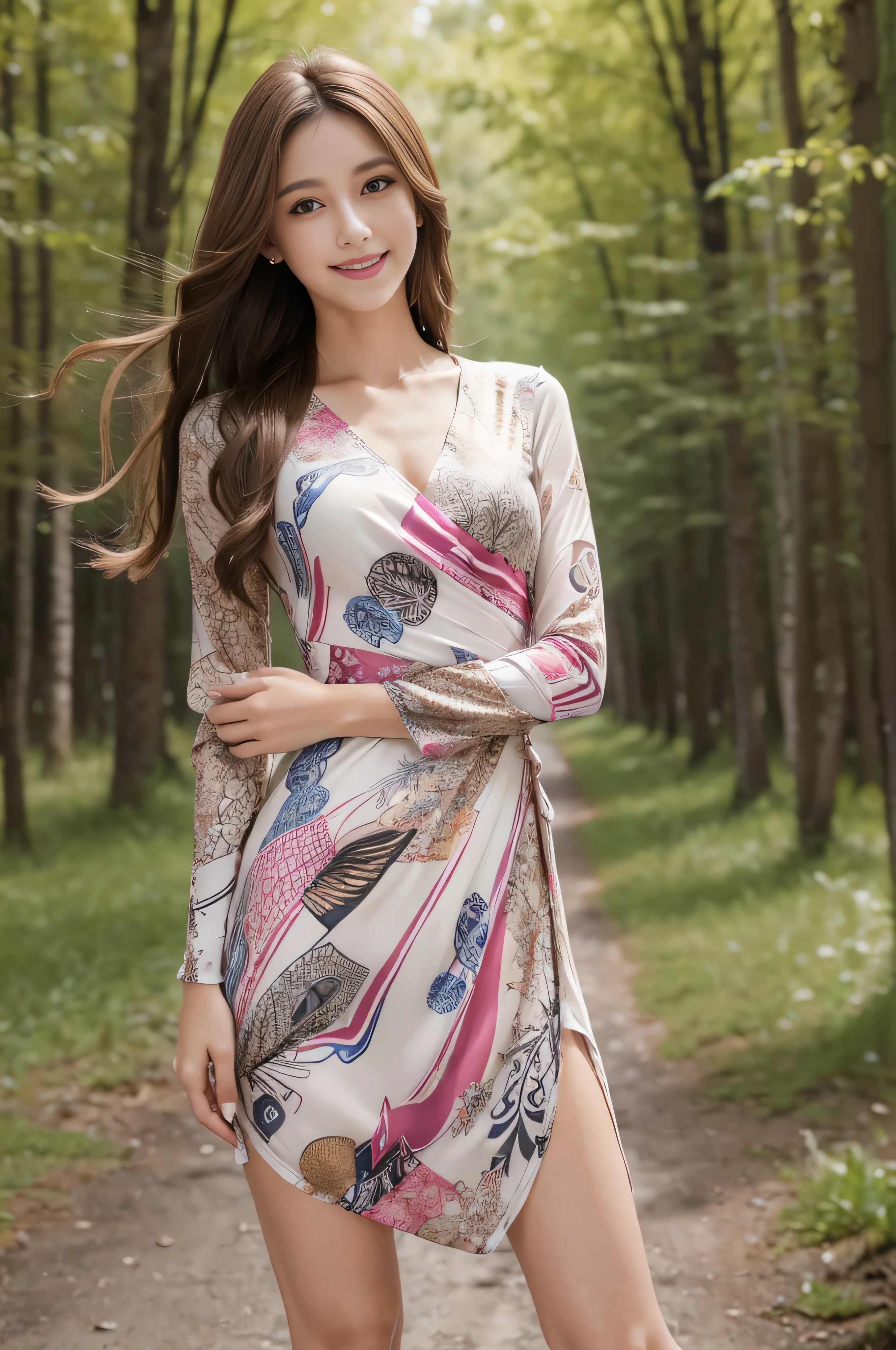 Bread chira、whole body、field, best quality, Realistic, super detailed, down to the last detail, High resolution, 4k wallpaper, Beautiful woman,, light brown hair, wore a suit, perfect dynamic composition, beautiful and delicate eyes, delicate hair, Round face model body type、mini skirt、drooping eyes,shy smile,in woods,(((abstract printed dresses_long sleeve_wrap dress:1.3)))((Long straight hair_Hair reaching down to the waist:1.3))((shy smile:1.3)),