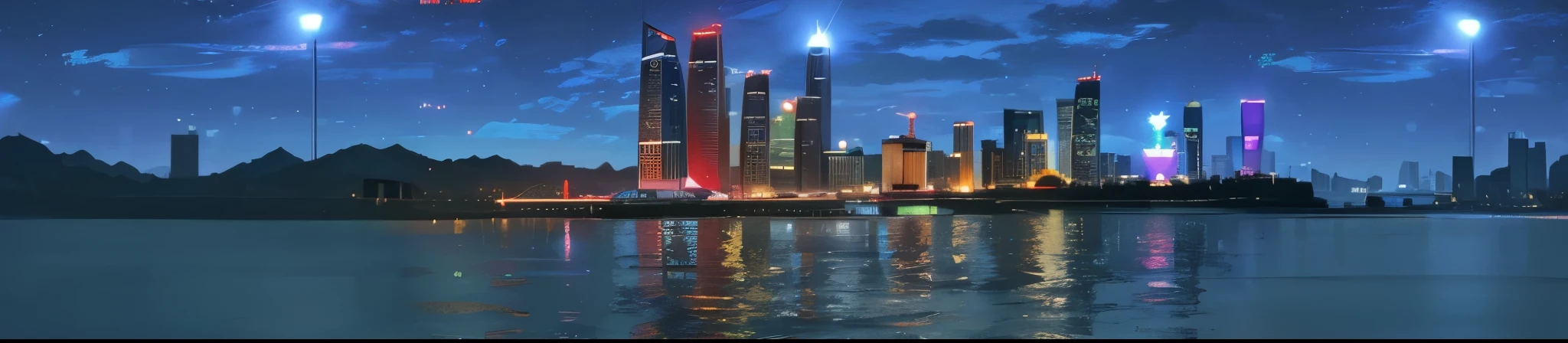 nighttime scene of a City with a large body of water, Shenzhen, beautiful City of the future, Beijing, City, skyline showing, Giant red LED screen, Hangzhou, Luminous matte painting, City in backround, stunning images, Wide-angle lens, Wide-angle lens, 2030, City backdrop, shanghai City, City of the future