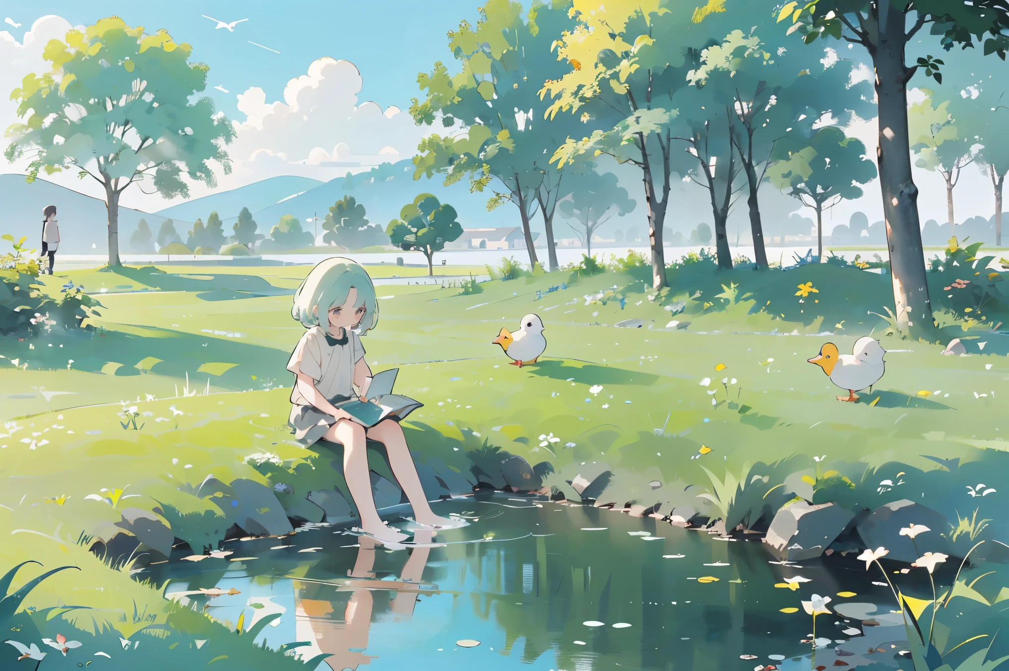 ((A girl sitting by the pond)),(Play in the fields, paddy,Cute ducks, cute girls), Ghibli background style, Yuru Chara Style,Cute storybook illustration, , 柔和的Light, cream, Giorgio Morandi Colors, thick line graph, Full color illustration, Forest picnic, cover illustration, landscape,truck,grassy fields,grassy,plant,natural style, (Light:1.0),masterpiece,best quality,