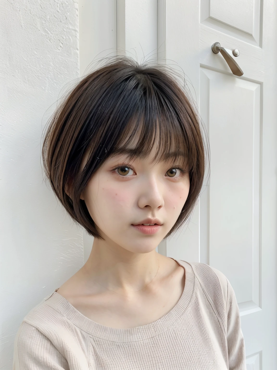 table top、japanese woman、RAW photo (30 year old girl),Black long sleeve dress,realistic skin, (high detail skin:1.2),Taken in front of the white door,spring colors,realistic, film grain,bright colors,beautiful face,soft natural light、short hair、bob cut、bob hair、A hairstyle where the ends of the hair are curled outwards