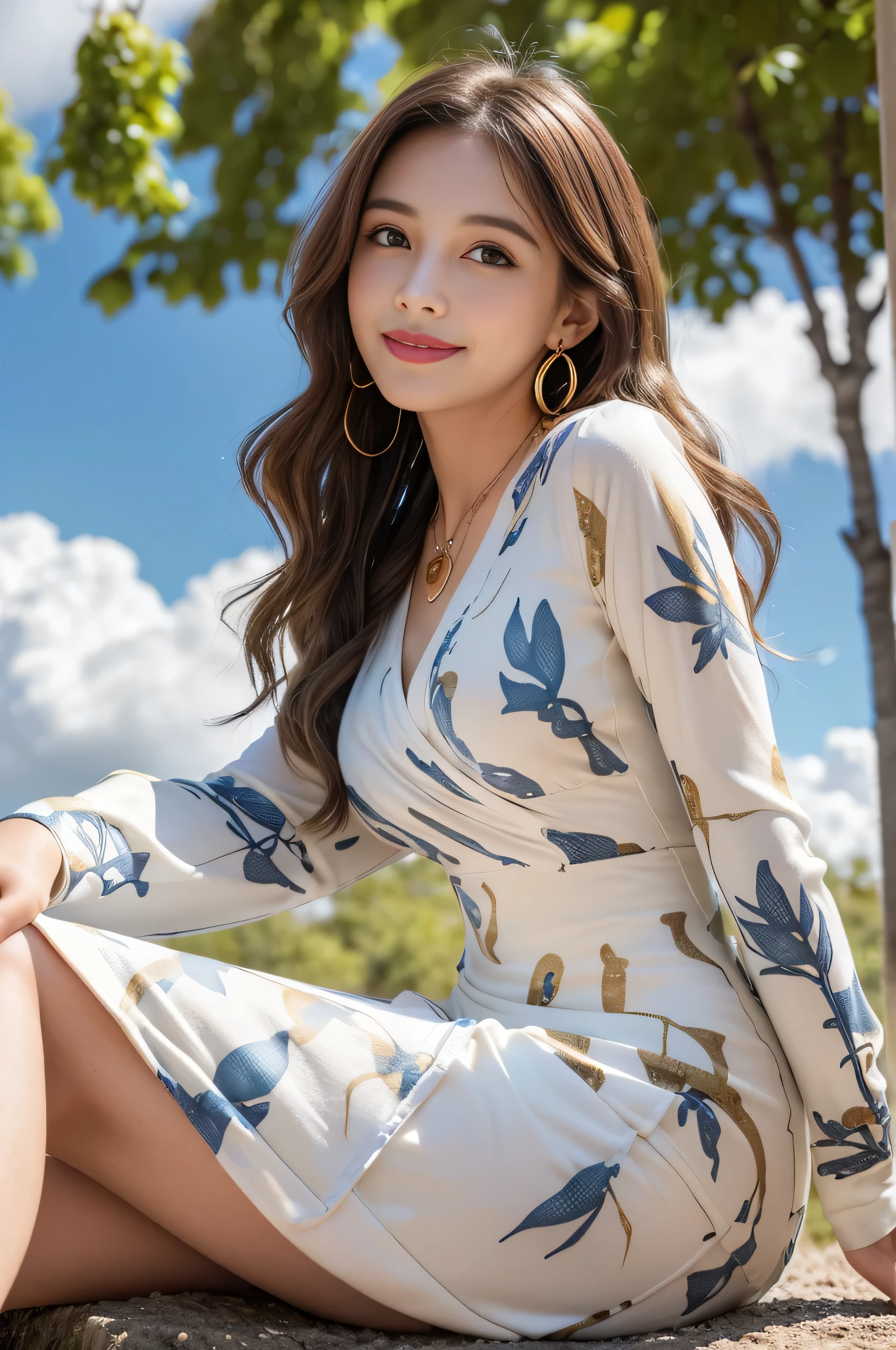 ((sitting with her back to the top of the mountain_with blue sky and white clouds，rays of sunshine:1.2)),read chira、whole body、field, best quality, Realistic, super detailed, down to the last detail, High resolution, 4k wallpaper, Beautiful woman,, lperfect dynamic composition, beautiful and delicate eyes, delicate hair, Round face model body type、mini skirt、drooping eyes,shy smile,in woods,(((abstract white print dress_long sleeve＿wrap dress:1.3)))((shy smile:1.3)),((Hair with loose waves inside:1.2)),((Super long brown hair:1.2))((gold necklace＿Large earrings:1.2)),((big breasts))