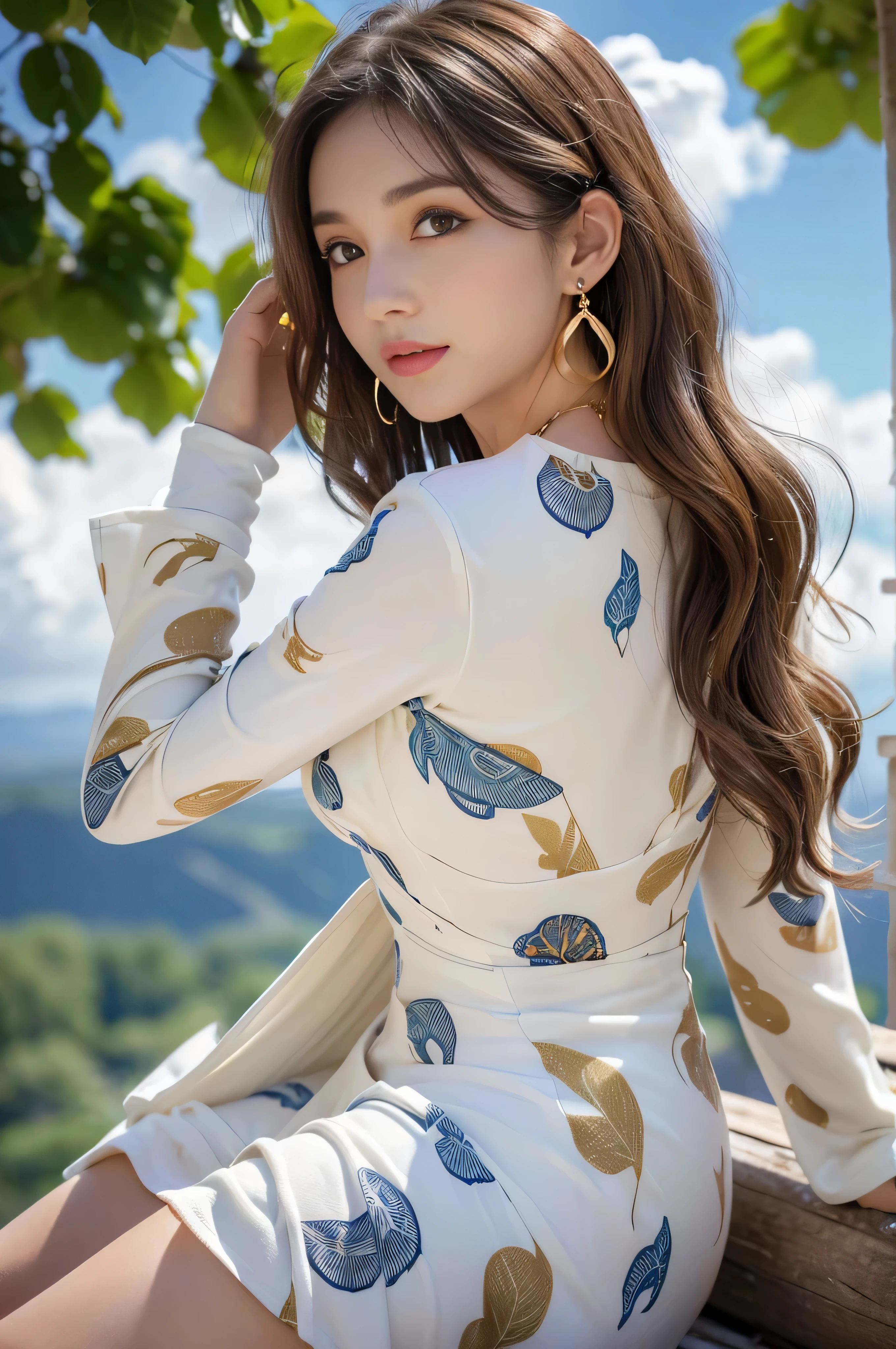 ((sitting with her back to the top of the mountain_with blue sky and white clouds,rays of sunshine:1.2)),read chira、whole body、field, best quality, Realistic, super detailed, down to the last detail, High resolution, 4k wallpaper, Beautiful woman,, lperfect dynamic composition, beautiful and delicate eyes, delicate hair, Round face model body type、mini skirt、drooping eyes,shy smile,in woods,(((abstract white print dress_long sleeve_wrap dress:1.3)))((No expression:1.3)),((Hair with loose waves inside:1.2)),((Super long brown hair:1.2))((gold necklace_Large earrings:1.2)),((big breasts))