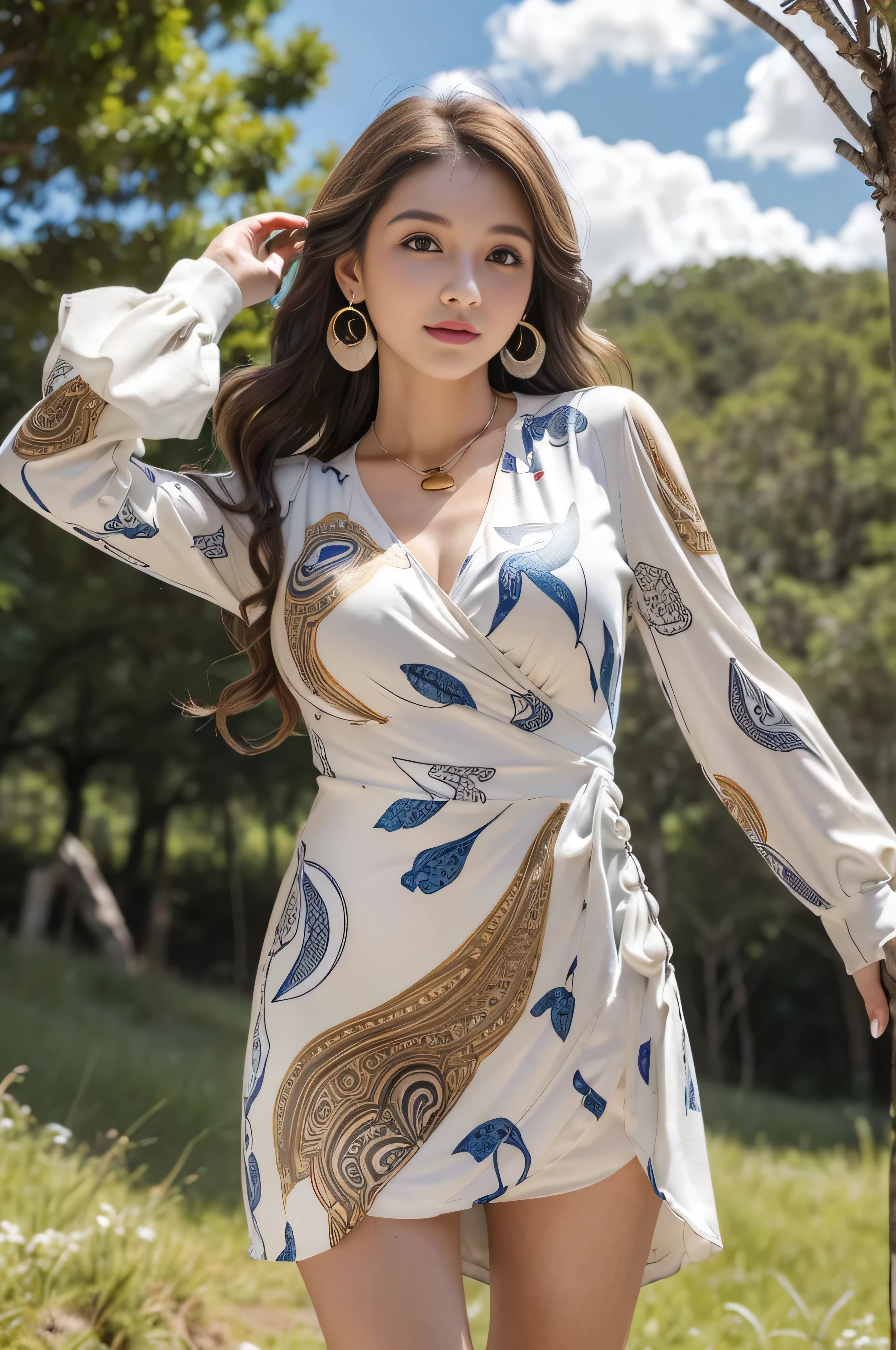 ((standing gracefully with her back to the top of the mountain_with blue sky and white clouds,rays of sunshine:1.2)),read chira、whole body、field, best quality, Realistic, super detailed, down to the last detail, High resolution, 4k wallpaper, Beautiful woman,, lperfect dynamic composition, beautiful and delicate eyes, delicate hair, Round face model body type、mini skirt、drooping eyes,shy smile,in woods,(((abstract white print dress_long sleeve_wrap dress:1.3)))((No expression:1.3)),((Hair with loose waves inside:1.2)),((Super long brown hair:1.2))((gold necklace_Large earrings:1.2)),((big breasts))