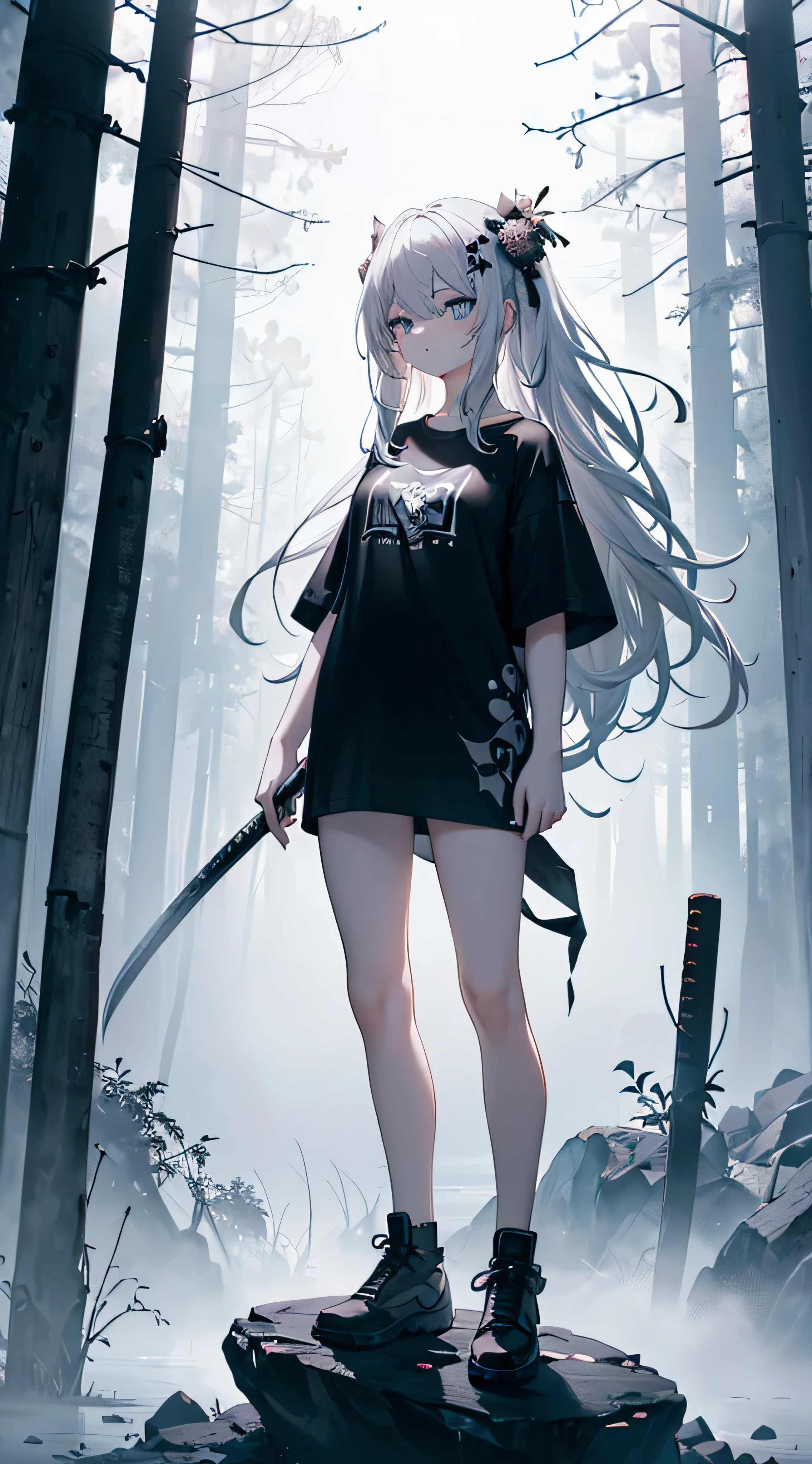 (masterpiece, epic theme, dark theme, 8k, best quality, maximum sharpness, ultra detail, best color, detailed eyes, very well, (super accurate), black and white theme, wasteland, beautiful eyes, foggy theme, 1girl, holding a katana, solo, bright blue eyes, silver hair, ((white T - shirt only)), vaginal, medium breast, lower bodies covered in bandages, long hair, black flower hair ornament, standing on a rock, girl's head looking up, The background is a wasteland and foggy, filled with mist, misty, swordland, full of particles)   full body