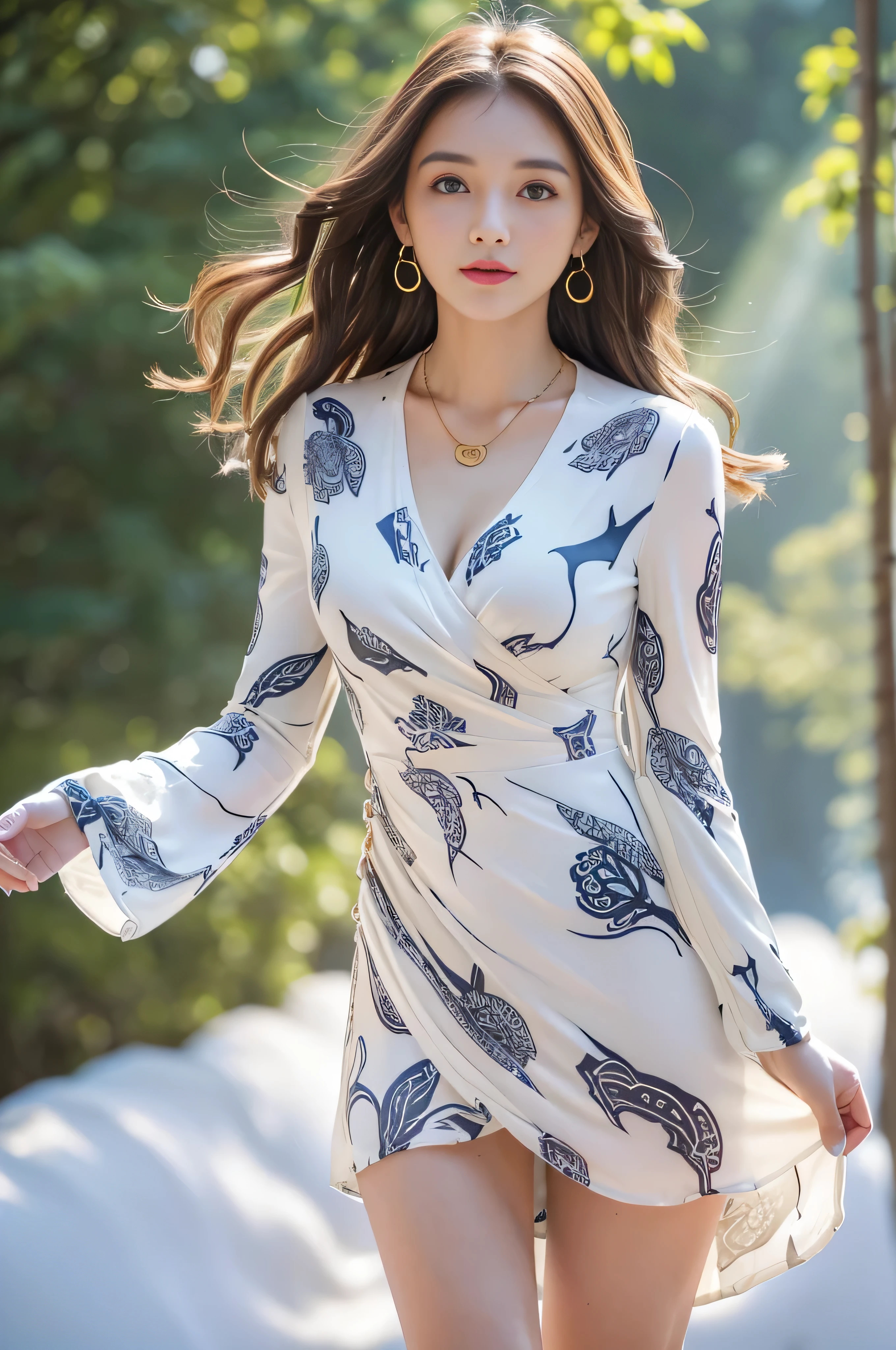((standing gracefully with her back to the top of the mountain_with blue sky and white clouds,rays of sunshine:1.2)),read chira、whole body、field, best quality, Realistic, super detailed, down to the last detail, High resolution, 4k wallpaper, Beautiful woman,, lperfect dynamic composition, beautiful and delicate eyes, delicate hair, Round face model body type、mini skirt、drooping eyes,shy smile,in woods,(((abstract white print dress_long sleeve_wrap dress:1.3)))((No expression:1.3)),((Hair with loose waves inside:1.2)),((Super long brown hair:1.2))((gold necklace_Large earrings:1.2)),((big breasts))