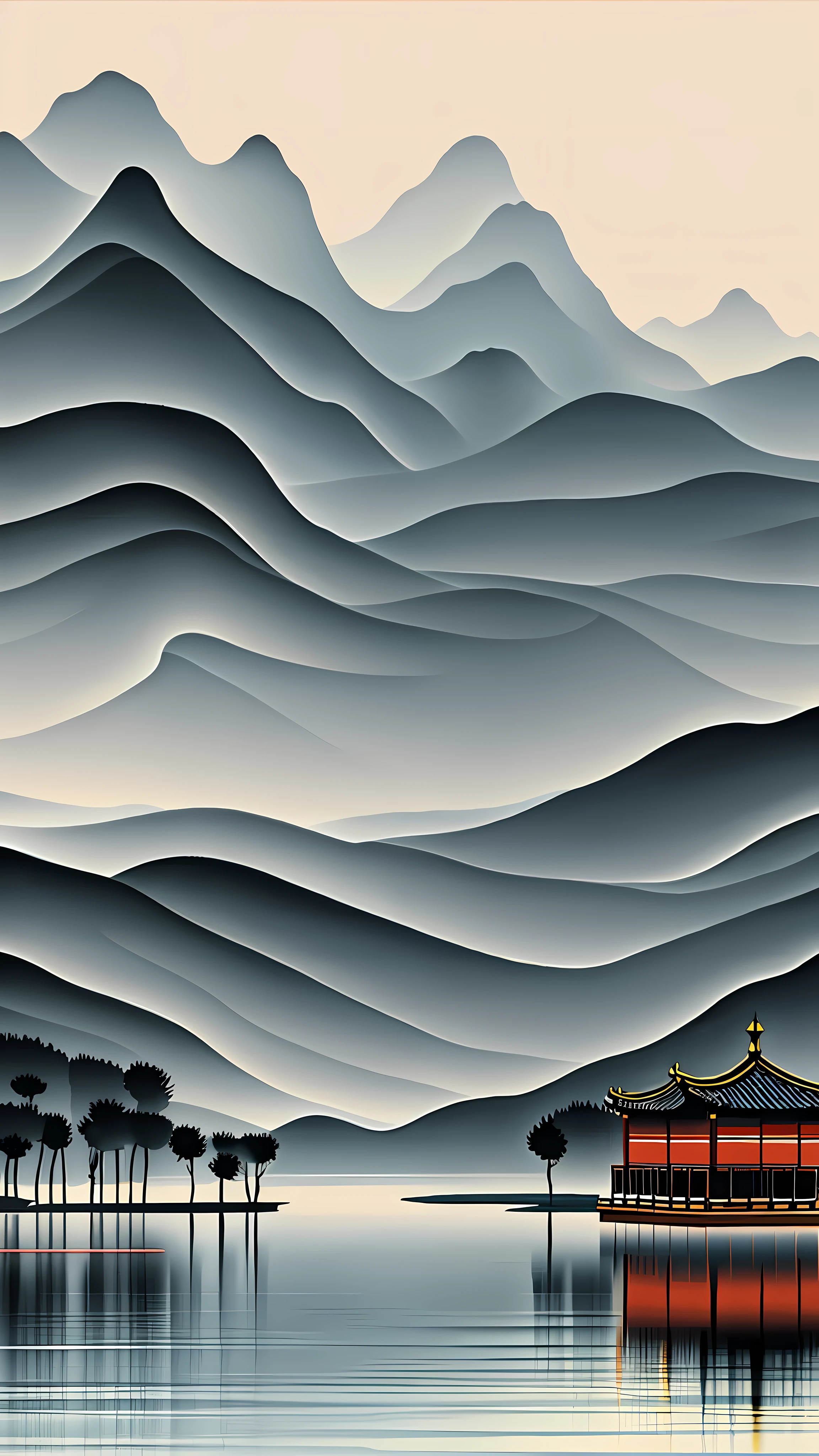 中国Freehand brushwork山水画, A box of little monks walking happily on the road, Featured by landscapes, tree, cloud, Japanese bird, Chinese traditional watercolor painting (reflection), Clear light and shadow boundaries, Light and shadow effects, masterpiece, Super details, epic work, ultra high definition, high quality, Freehand brushwork, Minimalism, unified 8k wallpaper, Super details,