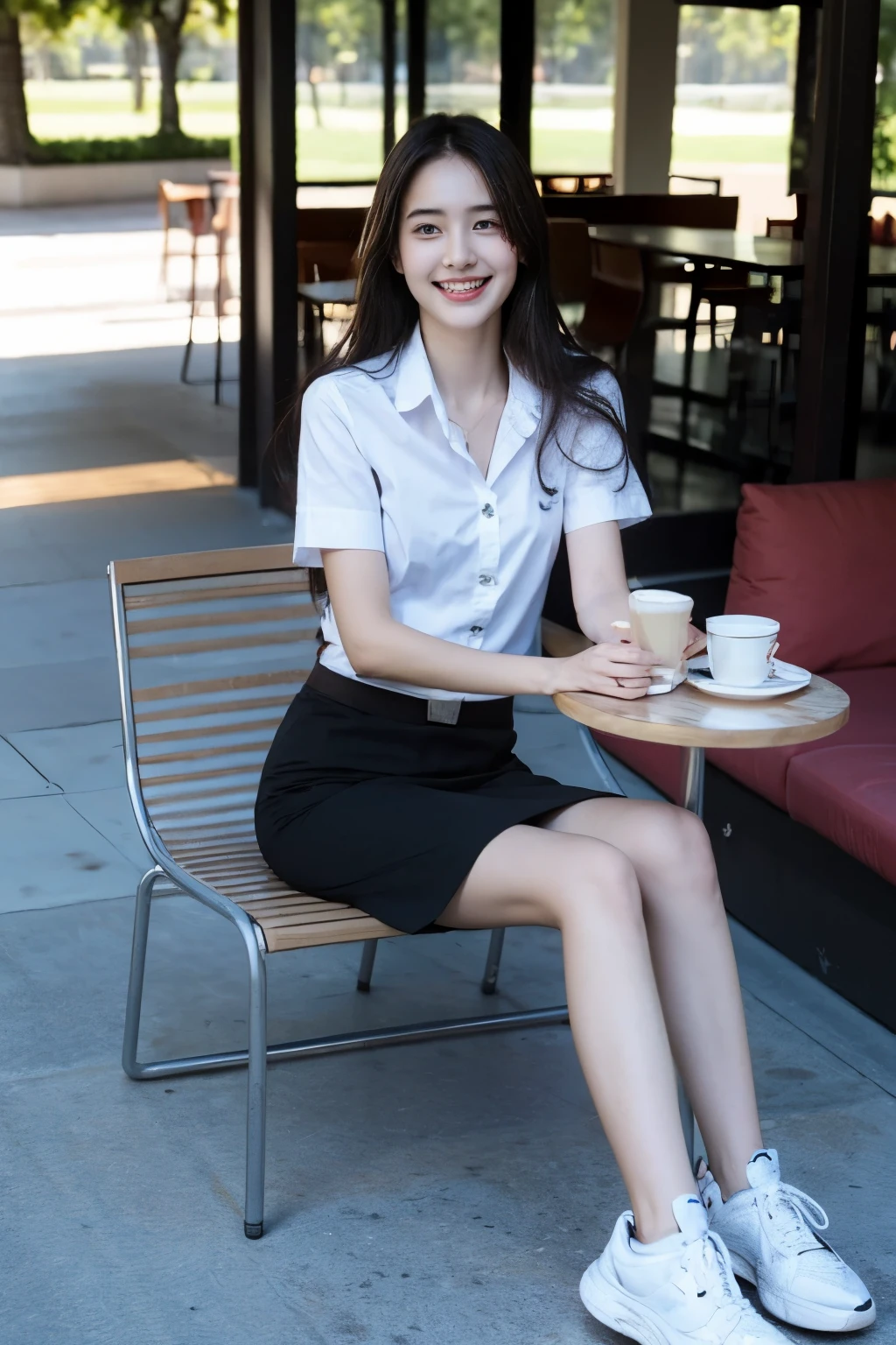 Perfect beautiful teenage woman, perfect face, perfect body, white and smooth skin, slender, university uniform, short black skirt, small white shirt, sexy, smile,Sitting with legs open, café shop in background, outdoor area, cinematic light