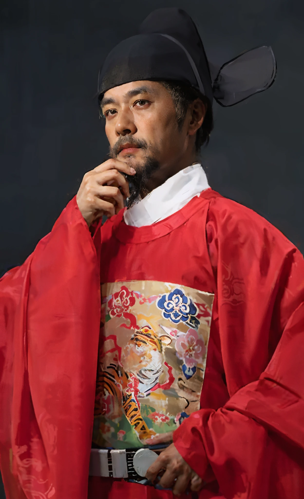 best quality，masterpiece，（：1.5），An ancient person from the Ming Dynasty of China，middle aged man，Goat's beard，have a beard，minister，official，man in red palace costume，unruly，fiercely的眼神，Stare hard to death，盯着middle aged man，Asian，sharp eyes and，Husband wears blue clothes，wearing a hat， Inspired by Shin Saimdang, traditional clothing, traditional clothing, Hanbok, noble clothing, korean Hanbok, aristocratic appearance, Korean male, Wear period-appropriate clothing, classical robe, precise, Wearing noble robes, Wearing ancient Chinese clothing，Dark brown wide-sleeved Hanfu，firm eyes，fiercely，handsome man，young people，（a detailed ：0.353），（Renaissance classical style：0.8）