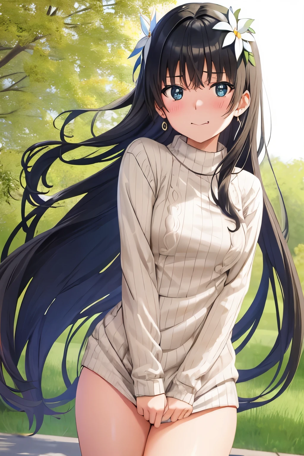 saten_ruiko, 1girl,18yo,black long hair,hair ornament, flower ornament,good anatomy, masterpiece, best quality,realistic, hyperrealistic, 16k hdr, (naked,sweater),earrings,red neck ribbon, outdoors, sunny, detailed blue sky,strong wind,from below,micro panties,(red blush,smile),navel,erected nipples,(sweater tug,clothes tug:1.4)