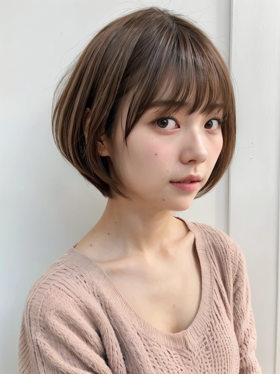 table top、japanese woman、RAW photo (30 year old girl),Grey long-sleeved dress,realistic skin, (high detail skin:1.2),Taken in front of the white door,spring colors,realistic, film grain,bright colors,beautiful face,soft natural light、short hair、bob cut、bob hair、A hairstyle where the ends of the hair are curled outwards