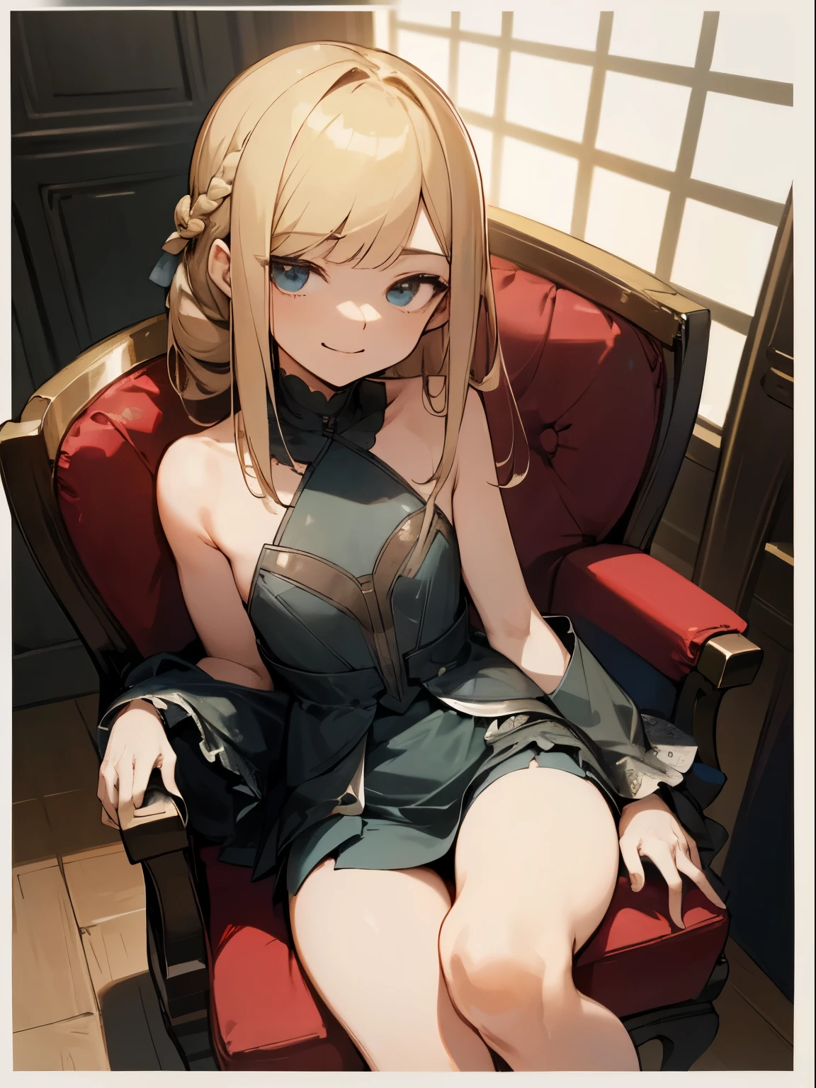 Reines, 1girl, high quality, best quality, illustration, masterpiece, (highly detailed:1.2), (extremely detailed:1.3), flat chest, strapless dress, bare shoulders, young girl, mini skirt, braid, (children:1.2), slender thighs, , in a house, sitting on chair, smiling, studying,