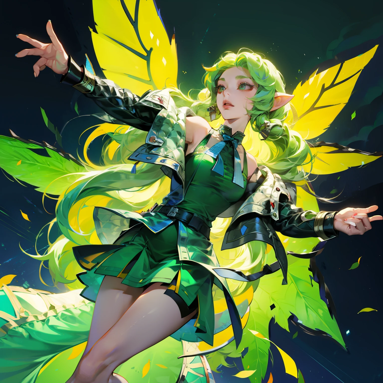 Wearing green and black clothing、Anime girl with wings and green background, Elf character, Fairy, forest Fairy, Insect trainer girl, brunette elf with Fairy wings, Elf, Cute 3D anime girl rendering, April rendering, Fairy dance, Dynamic sense