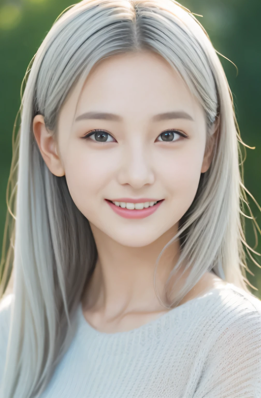 (masterpiece:1.3), (8k, realistic, RAW photo, highest quality: 1.4), (1 girl), beautiful face, (realistic face), (Gradation,silver hair, long hair,Wave), beautiful hairstyle, realistic eyes, beautiful and detailed eyes, (realistic skin), beautiful skin, (sweater), confused, charm, ultra high resolution, 超realistic, very detailed, golden ratio,smile、sexy pose