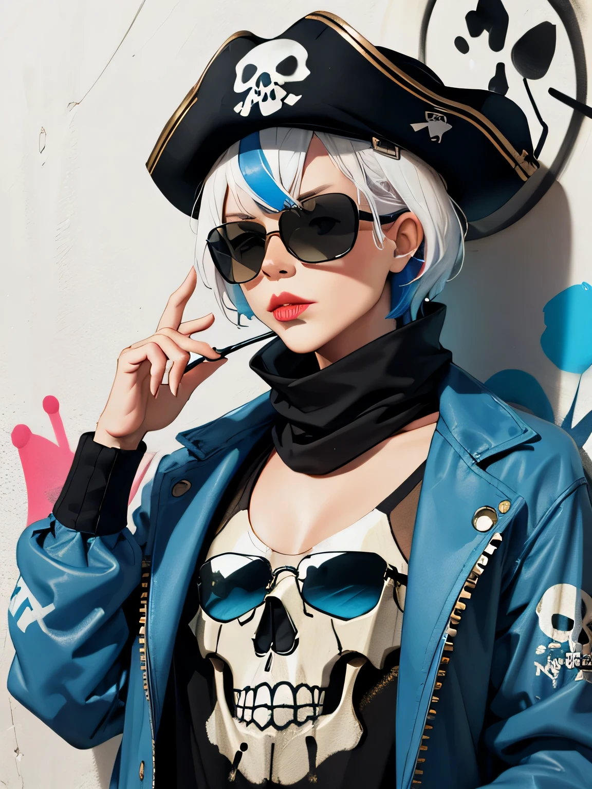 8K resolution、((highest quality))、((masterpiece))、((Super detailed))、1 female、alone、The strongest beautiful girl of all time、((incredibly absurd))、(((Stylish sunglasses))), pirate hat, lips in love、neon、short cut hair、 (((skull graffiti art))), colorful hair,