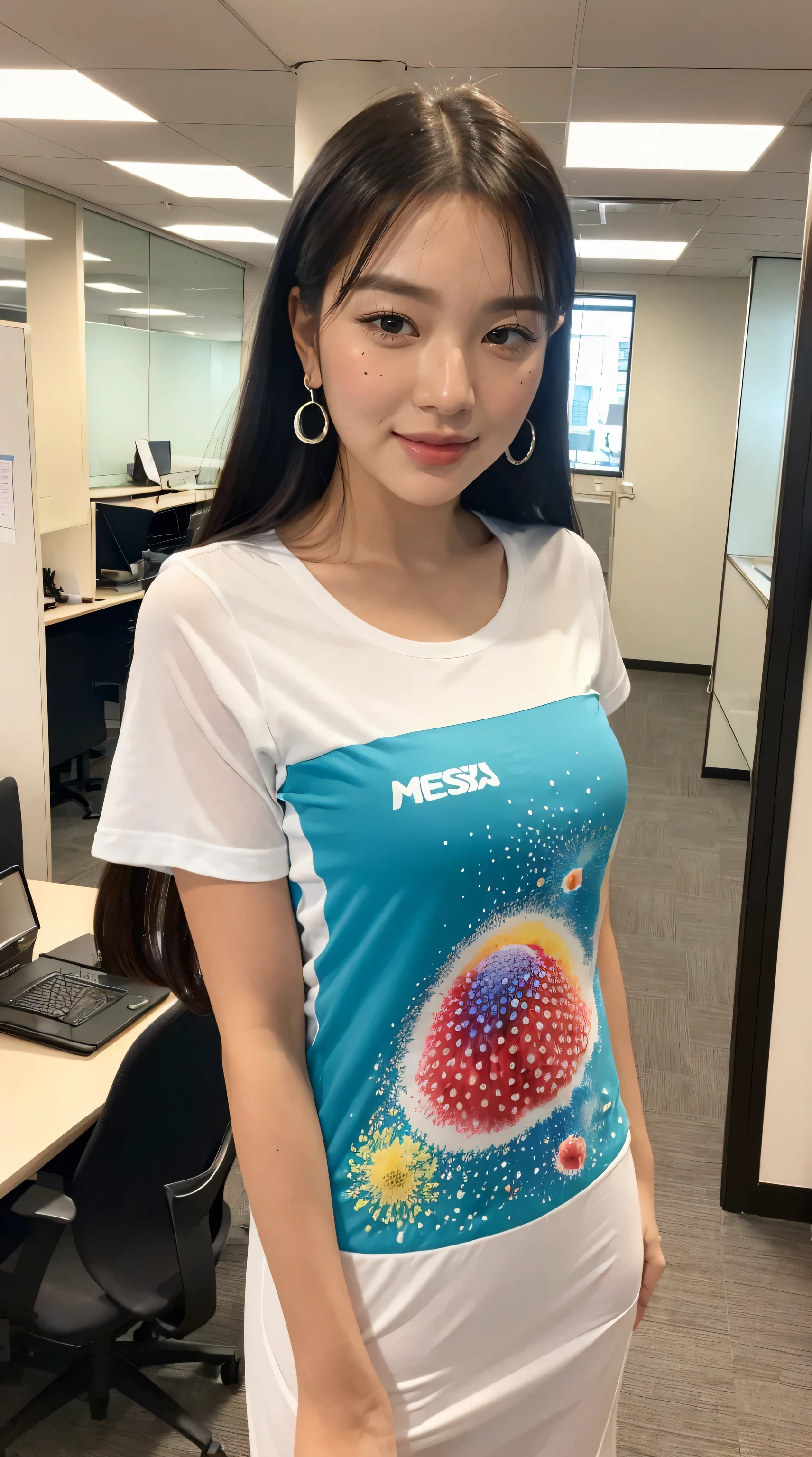 (mesa,alta qualidade:1.3),(profundidade de campos:1.3) ,((corpo frontal:1.35)),  Japanese ,Mulher, maquiagem glamorosa,Standard Height, (camiseta vermelha de manga curta com gola redonda e vestido maxi justo:1.4), (Seios enormes:1.5), Grosso, curvado,(olhando para o espectador:1.3),(Corpo todo:1.2),Inside the office near the window, sorriso grande