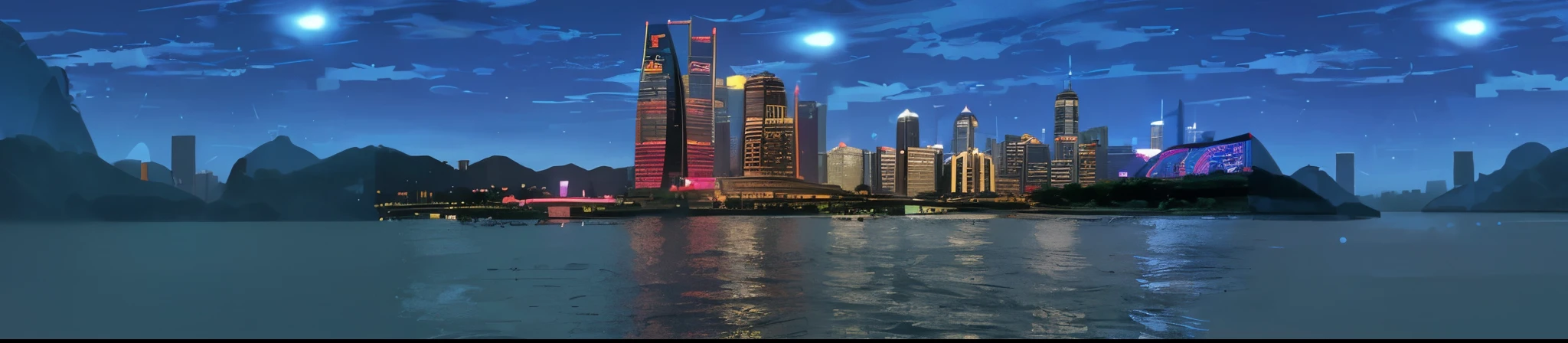 masterpiece,highest quality,nighttime scene of a City with a large body of water, Shenzhen, beautiful City of the future, Beijing, City, skyline showing, Giant red LED screen, Hangzhou, Luminous matte painting, City in backround, stunning images, Wide-angle lens, Wide-angle lens, 2030, City backdrop, shanghai City, City of the future