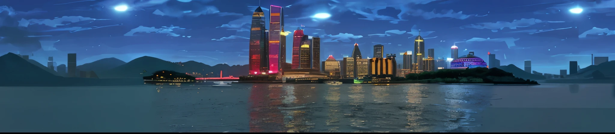 masterpiece,highest quality,nighttime scene of a City with a large body of water, Shenzhen, beautiful City of the future, Beijing, City, skyline showing, Giant red LED screen, Hangzhou, Luminous matte painting, City in backround, stunning images, Wide-angle lens, Wide-angle lens, 2030, City backdrop, shanghai City, City of the future
