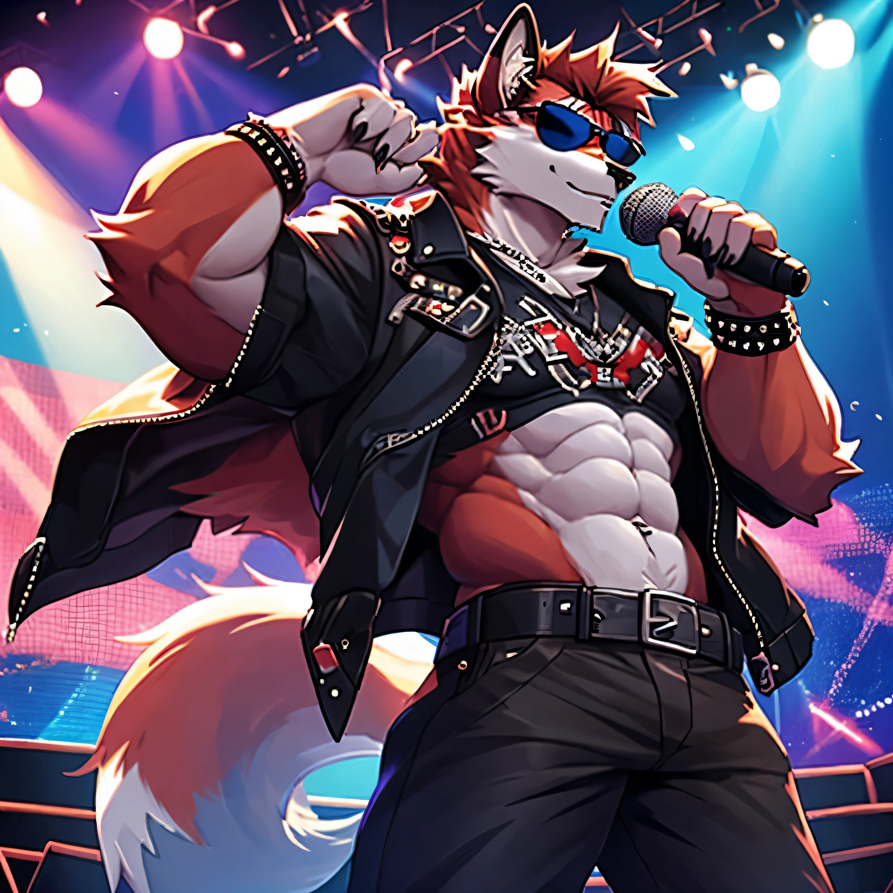 4k, actual, high detail, super detailed, fashion clothing,Punk， black jacket, Black pants with belt,Black transparent top，abs loom，fox，red fur，Strong body，Lead singer，microphone in hand，Wear stylish sunglasses，on stage