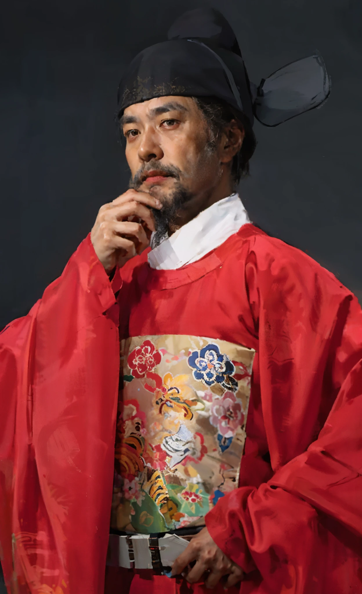 best quality，masterpiece，（：1.5），An ancient person from the Ming Dynasty of China，middle aged man，Goat's beard，have a beard，minister，official，man in red palace costume，unruly，fiercely的眼神，Stare hard to death，盯着middle aged man，Asian，sharp eyes and，Husband wears blue clothes，wearing a hat， Inspired by Shin Saimdang, traditional clothing, traditional clothing, Hanbok, noble clothing, korean Hanbok, aristocratic appearance, Korean male, Wear period-appropriate clothing, classical robe, precise, Wearing noble robes, Wearing ancient Chinese clothing，Dark brown wide-sleeved Hanfu，firm eyes，fiercely，handsome man，young people，（a detailed ：0.353），（Renaissance classical style：0.8）