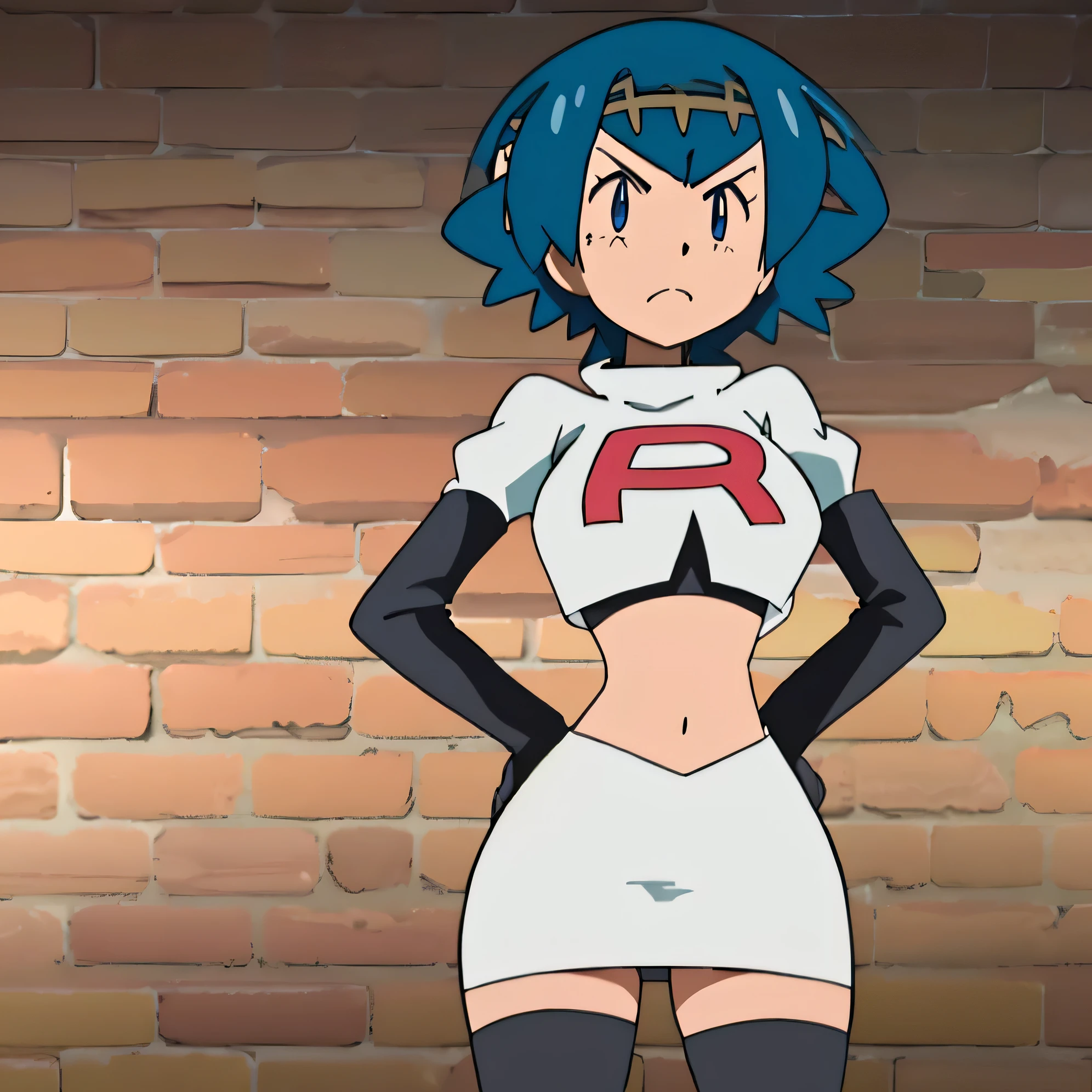 8k, anime screencap,1girl in, (solo:1.1), (perfect body:1.1), (best quality:1.1), very large breast, team rocket uniform, red letter r, white skirt,white crop top,black thigh-high boots, black elbow gloves, glaring angrily, looking down at viewer, hands on hips,zettai ryouiki,cowboy shot
