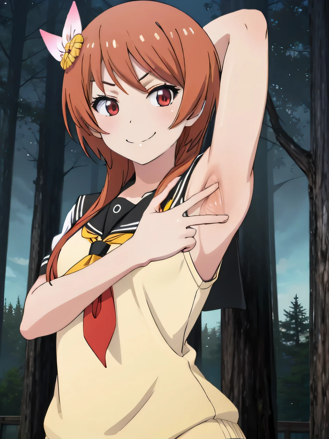  2D, anime coloring, solo, upper body, high quality, closed mouth, solo, upper body, night sky, forest, arms behind head, contrapposto, small smile, spread armpits, (absurdres), 1girl, solo, tachibana marika, school uniform, serafuku, looking at viewer, smirk, smug, smile