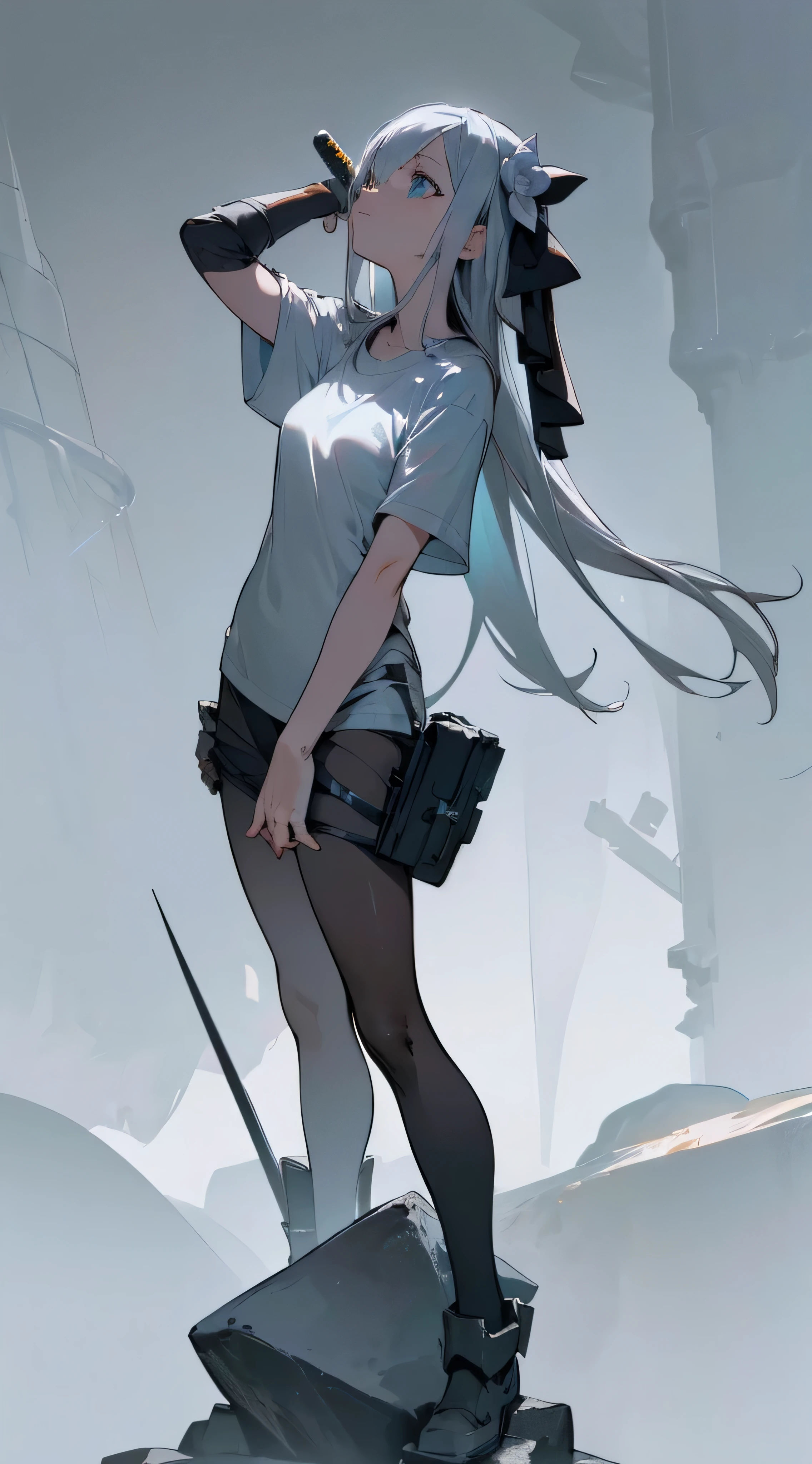 (masterpiece, epic theme, dark theme, 8k, best quality, maximum sharpness, ultra detail, best color, detailed eyes, very well, (super accurate), black and white theme, wasteland, beautiful eyes, foggy theme, 1girl, holding a katana, solo, bright blue eyes, silver hair, ((white T - shirt only)), vaginal, medium breast, lower bodies covered in bandages, long hair, black flower hair ornament, standing on a rock, girl's head looking up, The background is a wasteland and foggy, filled with mist, misty, swordland, full of particles) full body