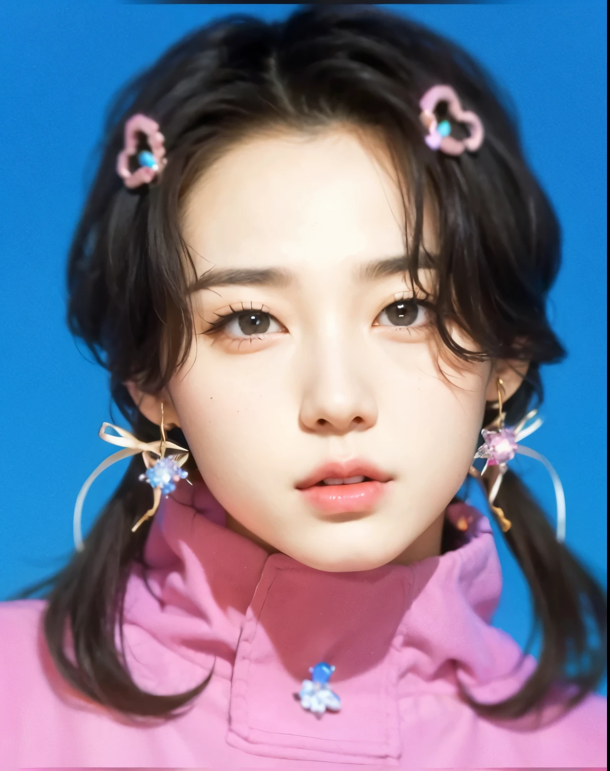 (8k, RAW photos, Best Quality, Super Detail, Realistic Photos: 1.25), (Close-up, Highly Detailed Face and Skin Textures, Fine Eyes, Double Eyelids, Whitening Skin, Long Hair, Lip Gloss, Eyelashes, Gloss Face, Glow Skin, Ultra High Resolution, Wide Light, Natural Shadows, Kpop Idol) (Watch viewers with serenity and goddess-like happiness), long eyelashes, long hair with low neckline, wrinkled lips, hair behind the ears, blush, depth of field, chromatic aberration, caustics , textured skin