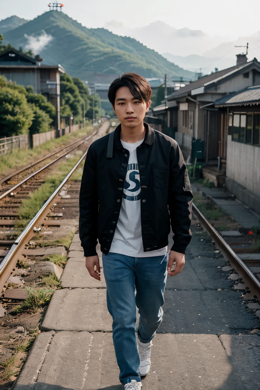 full body, long shoot, cinematic potrait of a 25 years old korean man with hair style (coma hair), walking on train track with a backpack, wearing a denim jacket and black t-shirt, wearing jeans and white shoes, with mountain and train track in the background, train moving slowly across rice fields seen from a distance, bokeh background with evening sunlight shining from behind, professional photography, flat face looking at the camera