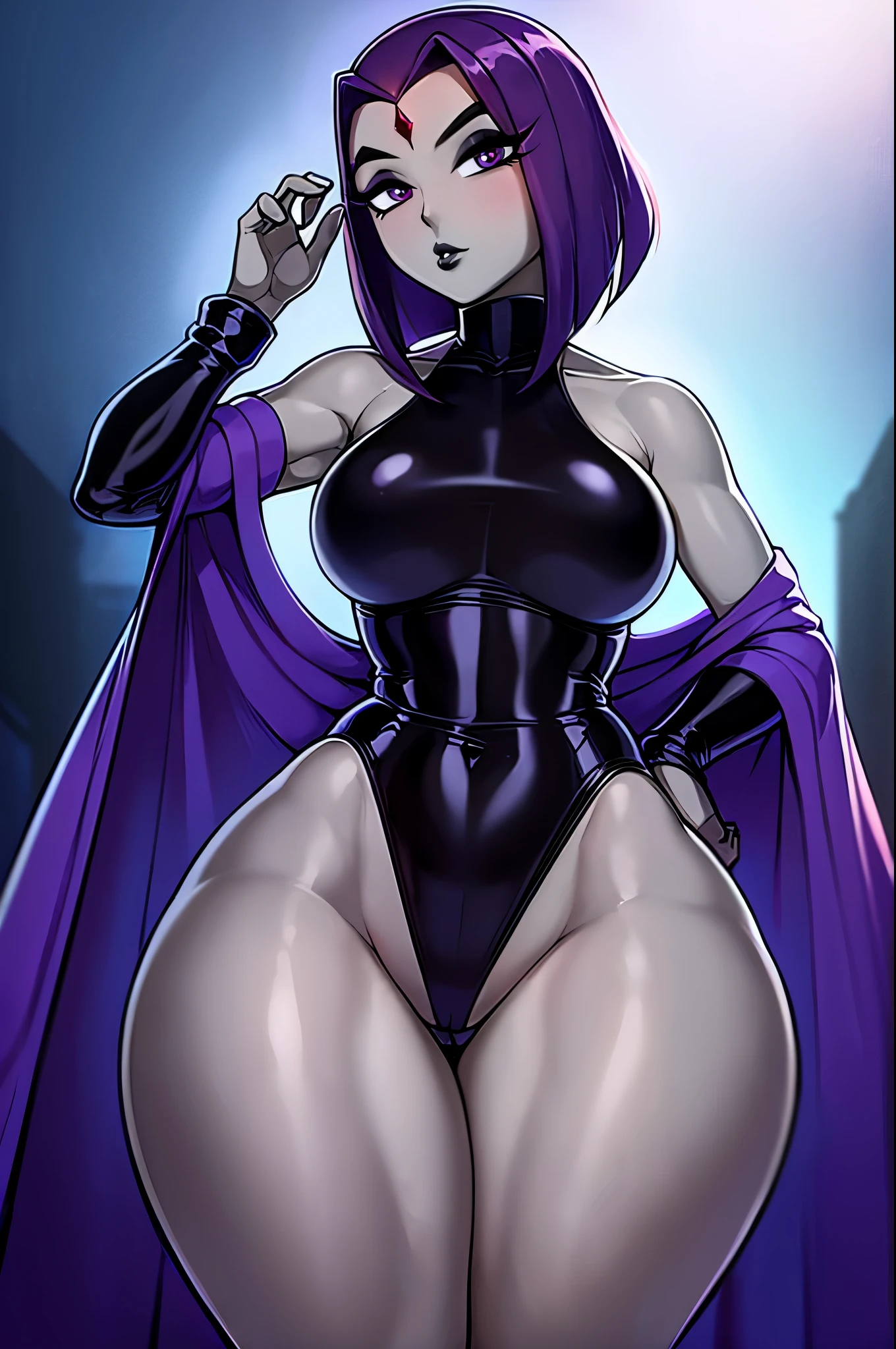 (solo:1.1),(masterpiece), (best quality:1.3), ultra detailed, intricate, professional art, digital art, absurdres, shadraven, 1girl, solo, (grey skin:1.4), dark purple hair, bob hair, purple eyes, (hips wider than shoulders:1.6), pear shaped body, thick thighs,, red jewel in forehead, jewels, (long sleeved turtleneck leotard), Shadraven outside at night, rear view, bubble butt, universal lighting,