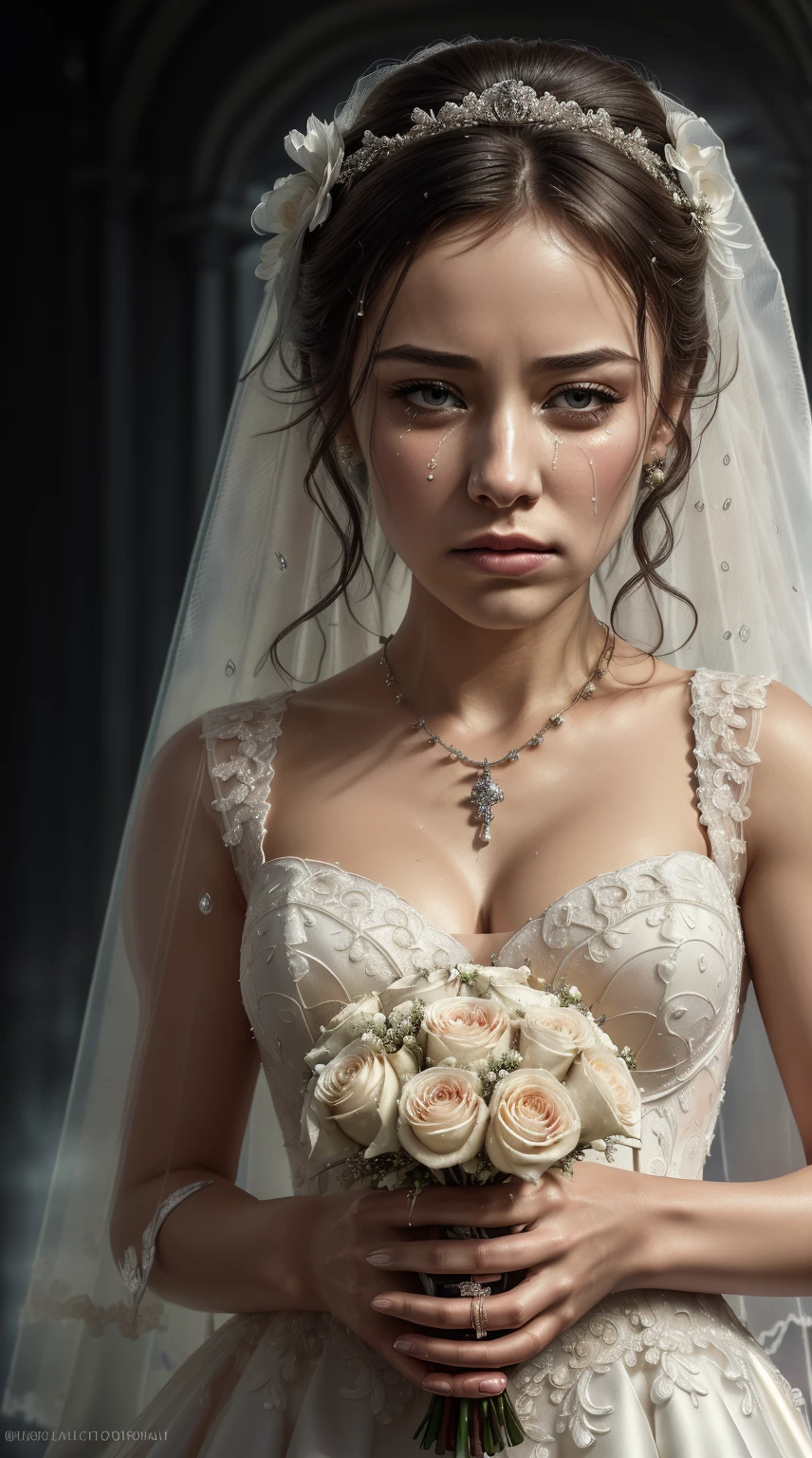 masterpiece, best quality, photorealistic, ultra detailed, fine details, high resolution, 8k wallpaper, professional, high level of detail, (sharp and focused piece, (((full figure, visible silhouette of a beautiful woman with a wedding dress))), crying, ("carrying a bridal bouquet in her hands")), ((hugging it on her chest with sadness")) outside the church,  rainy , background with fog vapor, cloudy day sad, with a rather shy face, ((("tears in the eyes")), ((teary eyes)), (((tears on the cheeks))), fine features, very detailed skin, (((teary eyes defined))), perfect lips detail, perfect nails, rainy daylight atmosphere, natural light, art station trend, sharp focus on the model, artistic photography, intricate details, highly detailed neo-impressionist art, perfect composition, octane complex, beautiful and incredibly detailed Detailed rendering of trend art station, 8k, fine art photography, photorealistic concept art, soft and perfect natural volumetric cinematic light, award-winning photography, masterpiece, oil on canvas, sad