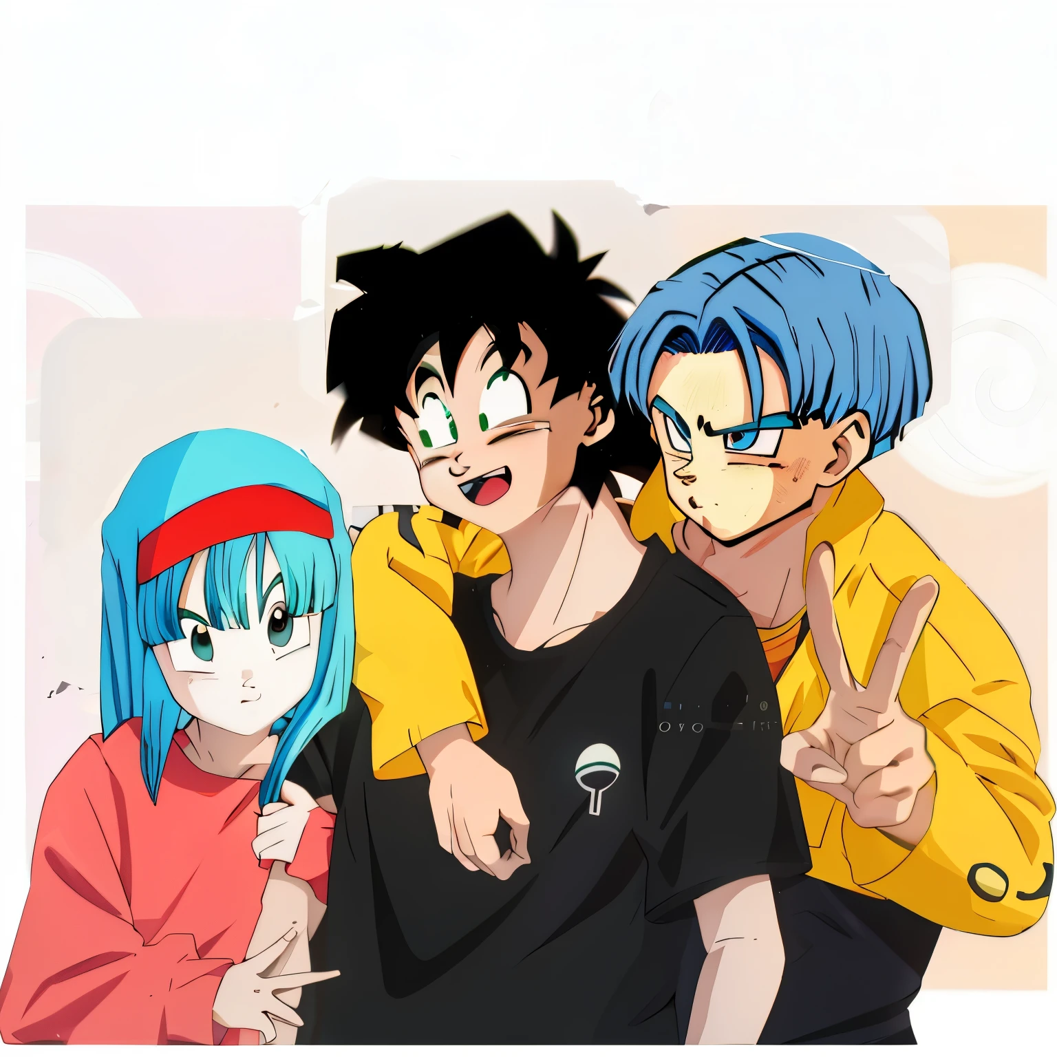 Three Dragon Ball characters posing for a photo, 1girl, 2men, beautiful girl with green hair, estilo Dragon Ball, corpo perfeito