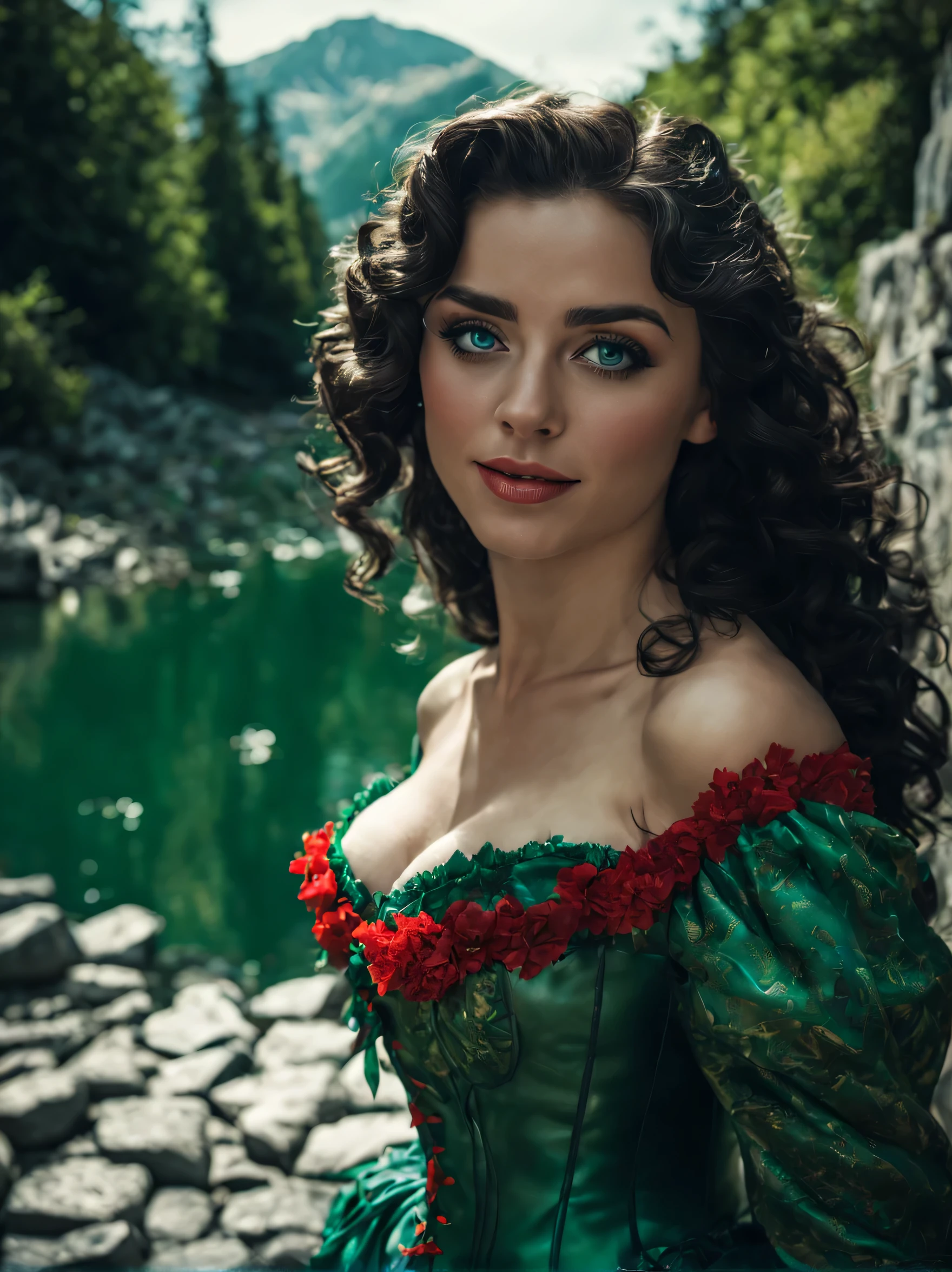 [best quality,highres:1.2],ultra-detailed,(realistic:1.37),(mid day),(vivid colors, rich coloredieval:1.1) female waif, large tits, [pretty detailed face:(1.1)], smiling, long [black curly hair, detailed curls:1.1], (bright blue eyes:1.3), walking on [cobblestones, detailed cobblestones:1.1],daytime scene,(nostalgic mood),stock photo, Beautiful read and green Victorian detailed ornate corset, [detailed clothing: 1.1],[detailed surroundings:1.1],[shore of a beautiful mountain lake, [mysterious ambiance:1.1], (full body picture:1.6), (Duotone [red and green]:1.6), (1950s Black and White Sci Fi Movie Poster style:1.3).