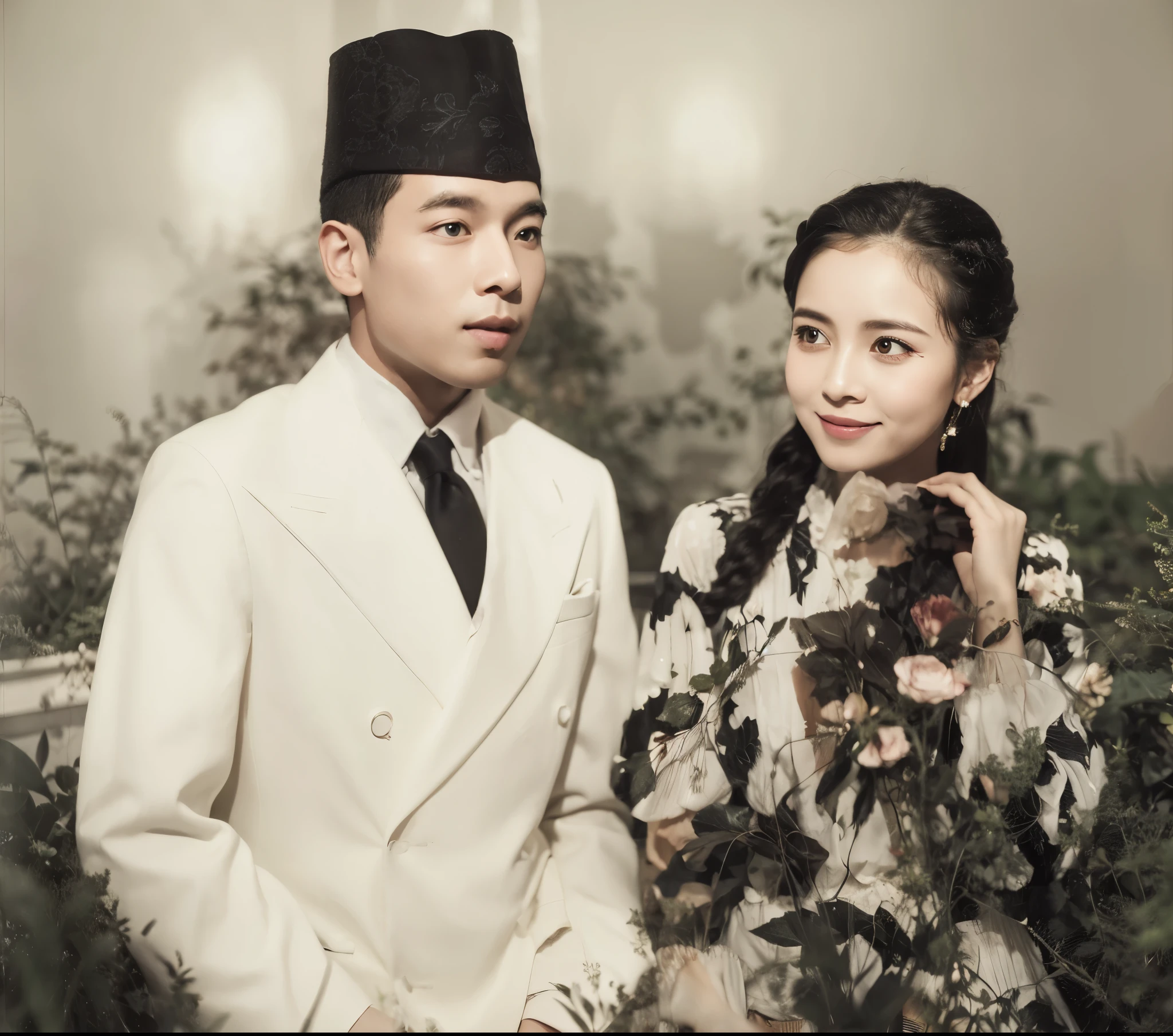 highres,portrait of a couple,white coat,wearing a floral dress,detailed facial features,expressive eyes,lovely smile,tastefully styled hair,gazing into each other's eyes,romantic ambiance,soft lighting,subtle shadows,vibrant colors,realistic skin tones,professional photography,artistic composition,lush greenery in the background,delicate flowers blooming,serene garden setting
