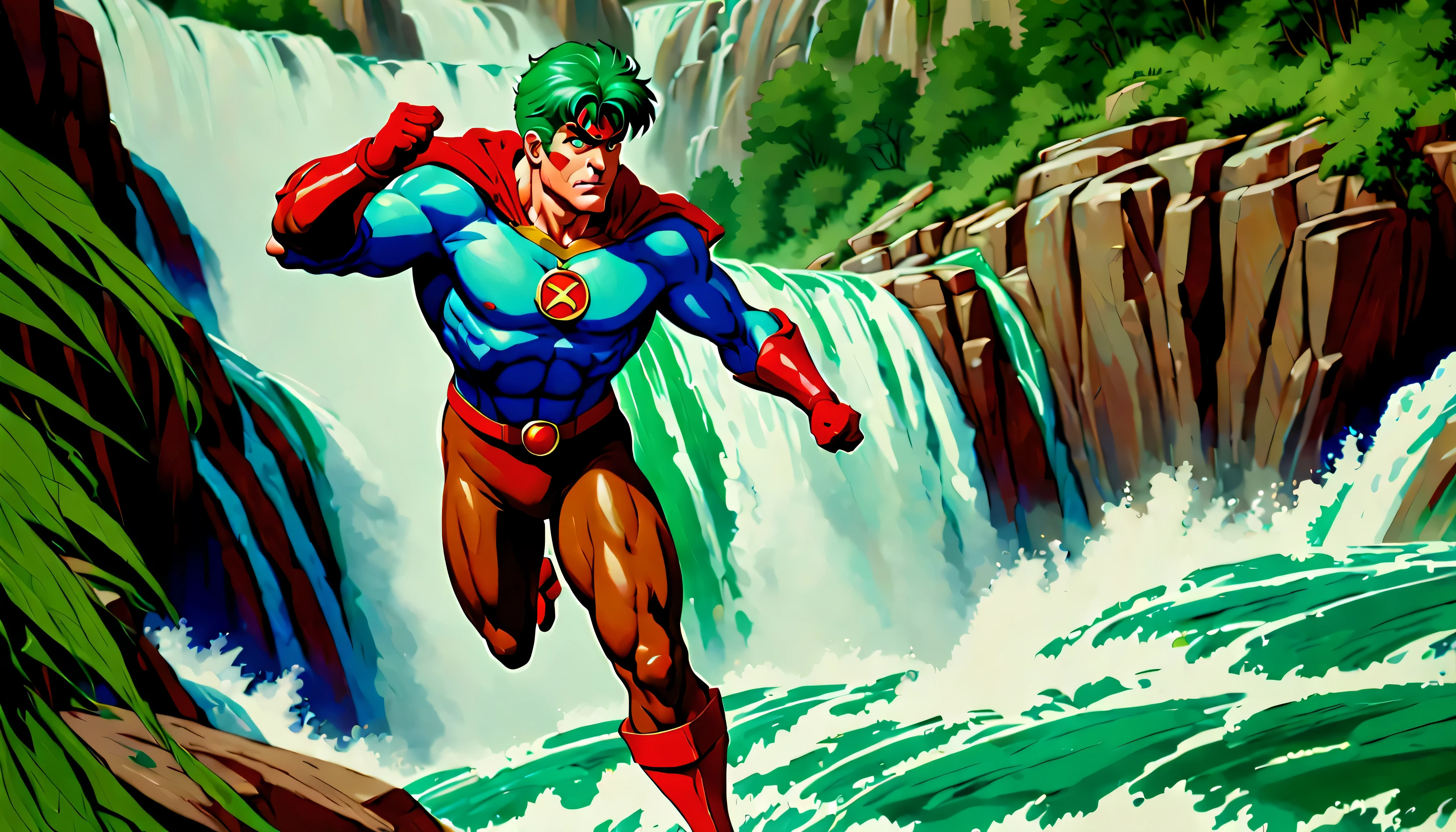 Oil Painting, Captain Planet soaring through the air, perilous above a waterfall, rushing torrent of massive raging rapids, 1990's aesthetics from animated tv show Captain Planet is a muscular blue superhero with a long grass-green mullet and brown eyes. His skin is crystal blue and he wears a red collar, red gloves, red trunks, and red boots.  hyperrealism, hyperreality, hyperrealistic, Captain Planet resemblance, sense of scale depth height vertigo, sense of movement and energy, art style and aesthetic of Captain Planet, Watercolor rich color grading for shading depth, 
