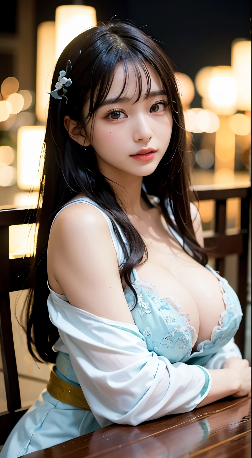 (table top, highest quality:1.4), beautiful face, 8k, 85mm, absurd, (Hanfu:1.4), Show the whole body, Angle from the side、show your shoulders,cleavage of the breast、towards the camera、 violaces, gardenia, delicate girl, alone, night, looking at the viewer, film grain, chromatic aberration, sharp focus, face light, professional lighting, Sophisticated, (smile:0.4), cleavage, (simple background, background bokeh:1.2), details face、(huge breasts:1.3)