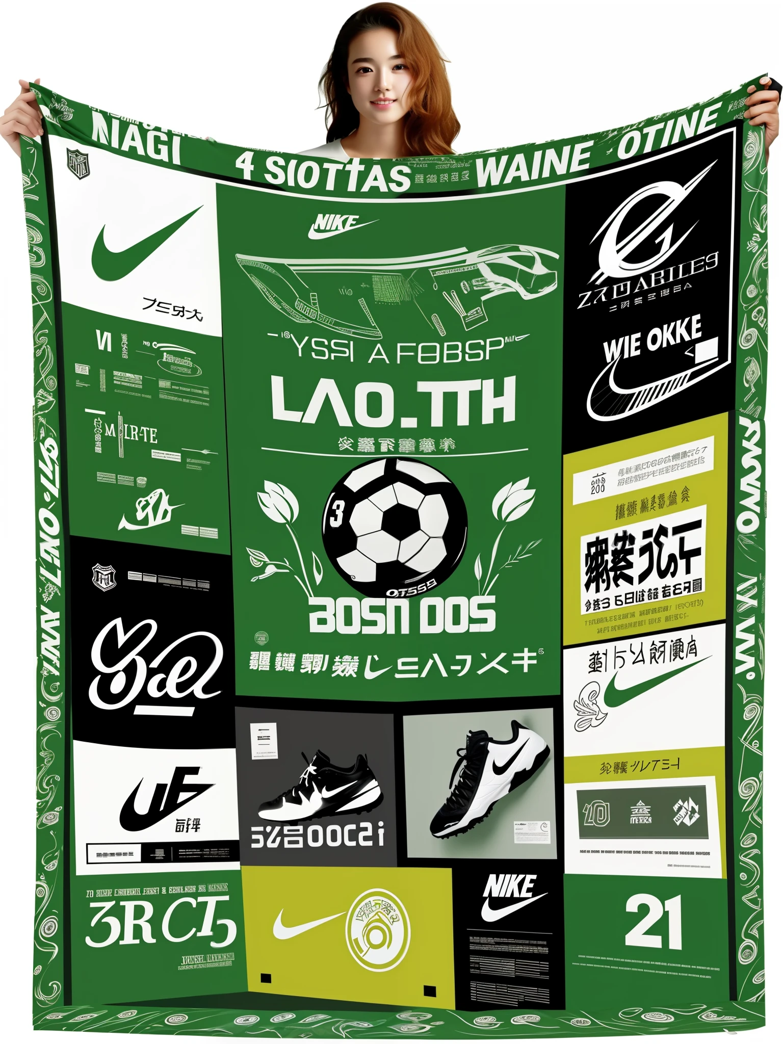 A beautiful woman holds a big poster in her hand，The poster shows Nike football boots，Nike logo
