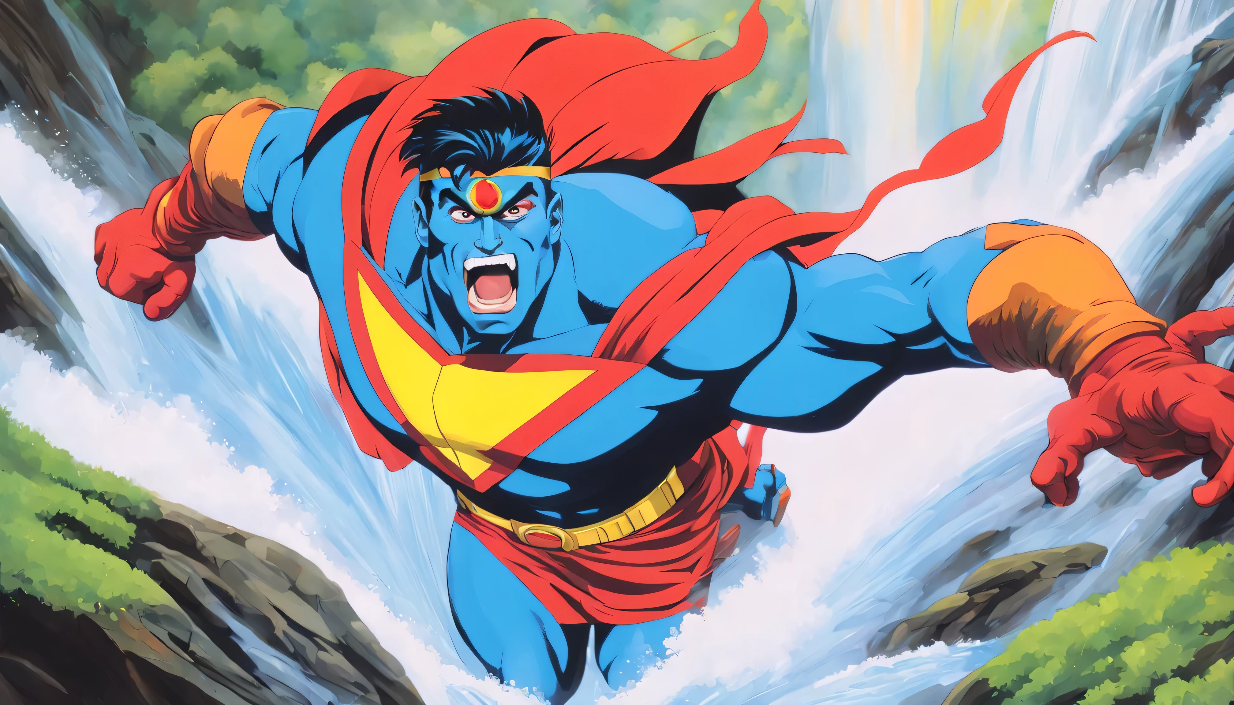 Oil Painting, Captain Planet soaring through the air, perilous above a waterfall, rushing torrent of massive raging rapids, 1990's aesthetics from animated tv show Captain Planet is a muscular blue superhero with a long grass-green mullet and brown eyes. His skin is crystal blue and he wears a red collar, red gloves, red trunks, and red boots.  hyperrealism, hyperreality, hyperrealistic, Captain Planet resemblance, sense of scale depth height vertigo, sense of movement and energy, art style and aesthetic of Captain Planet, Watercolor rich color grading for shading depth, 
