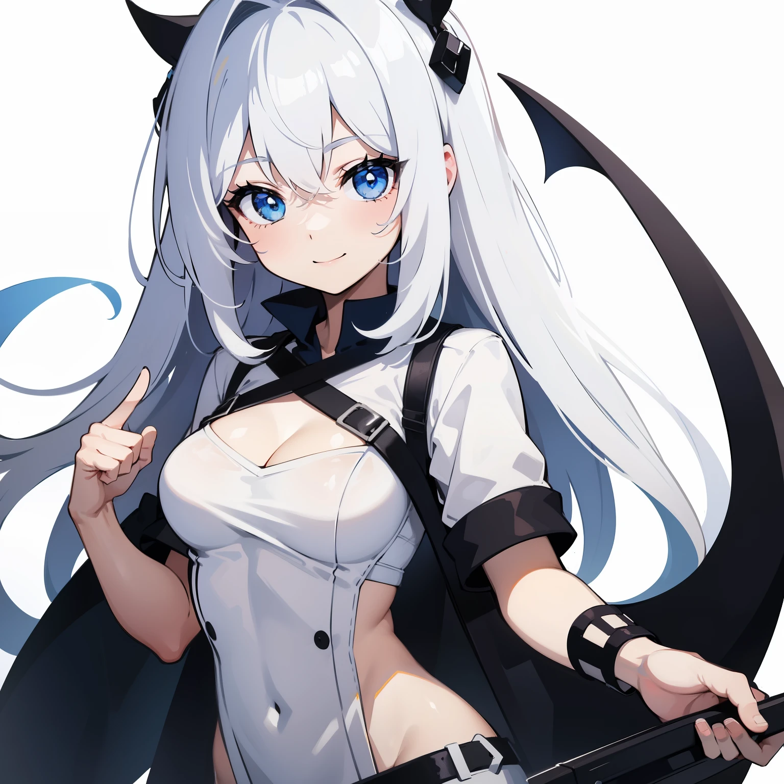 absurdres, ultra-highres, ultra-detailed, best quality, 1 girl, solo, hands behind torso, hands behind body BREAK, perfect eyes, happy smile standing, from front, looking at viewer, BREAK, in white shirt, short sleeves, black shorts, (white background) medium large breasts, (white) hair, long hair, messy hair, blue eyes, hair between eyes
