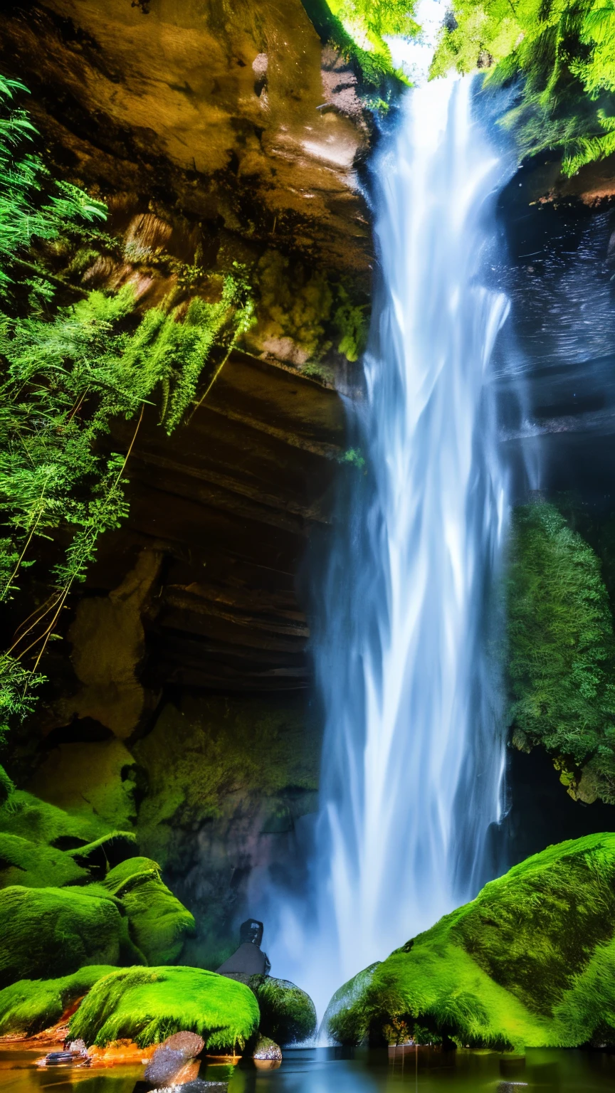 from below, best quality, 32k, RAW photo, cave behind the waterfall The falling water of the waterfall, water smoke, water droplets, incredibly absurdres, extremely detailed, delicate texture, slow motion, stillness, motion-blur, action-lines, speed-lines, artistic