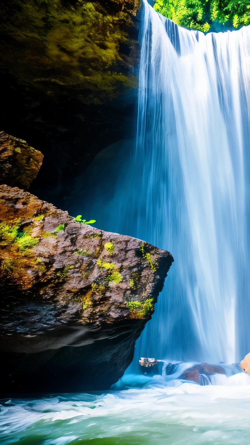from below, best quality, 32k, RAW photo, cave behind the waterfall The falling water of the waterfall, water smoke, water droplets, incredibly absurdres, extremely detailed, delicate texture, slow motion, stillness, motion-blur, action-lines, speed-lines, artistic