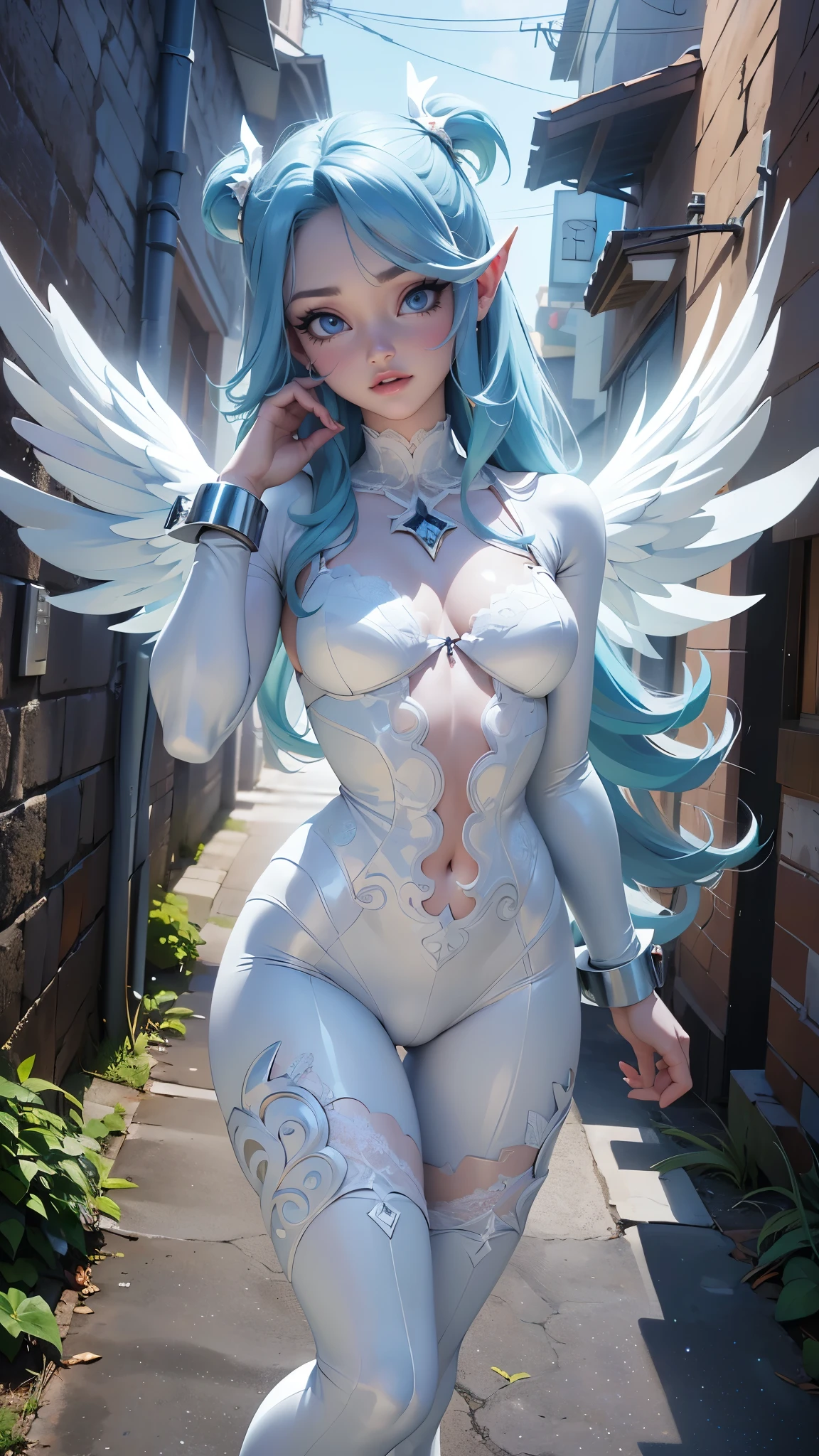 (La mejor calidad,A high resolution,Ultra - detallado,actual),night Ariana Grande anime - style image of a woman with angel wings on a large stone wall alley ,( Sexy Ladylove Babydoll Lingerie white :1.4 ) , (Bodysuits Sleepwear Floral Lace Lingerie Baby doll white :1.4) , deidad de pelo blanco, (alas angelicales en su espalda:1.4) , beautiful cyborg angel girl, (beautiful succubus) , Diosa del anime, of Beautiful angel, Beautiful angel, arte de anime digital detallado, hermosa y seductora mujer anime, (angel knight girl) , Arte detallado de alta calidad 8K, More detailed 8K.motor irreal:1.4,UHD,La mejor calidad:1.4, fotorrealista:1.4, textura de la piel:1.4, obra maestra:1.8,obra-prima, mejor calidad,objeto Objeto], (detailed face features:1.3),(Las proporciones correctas),(Ojos hermosos azules:1.4 ),  (pose vaquero), (dedos detailed 2.1 ), (BodySuit white de encaje red:1.4), (estilo kawaii :1.4 ),,( ciberpunk 2.1),( background alley walls big stones :1.4), (Big Angel Wings:1.4) 