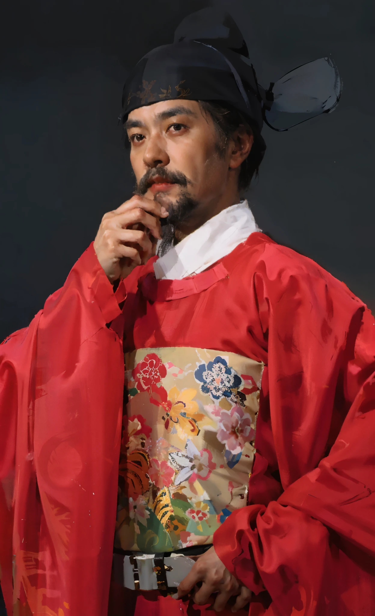 best quality,masterpiece,(:1.5),An ancient person from the Ming Dynasty of China,middle aged man,Goat's beard,have a beard,minister,official,man in red palace costume,unruly,fiercely的眼神,Stare hard to death,盯着middle aged man,Asian,sharp eyes and,Husband wears blue clothes,wearing a hat, Inspired by Shin Saimdang, traditional clothing, traditional clothing, Hanbok, noble clothing, korean Hanbok, aristocratic appearance, Korean male, Wear period-appropriate clothing, classical robe, precise, Wearing noble robes, Wearing ancient Chinese clothing,Dark brown wide-sleeved Hanfu,firm eyes,fiercely,handsome man,young people,(a detailed :0.353),(Renaissance classical style:0.8)