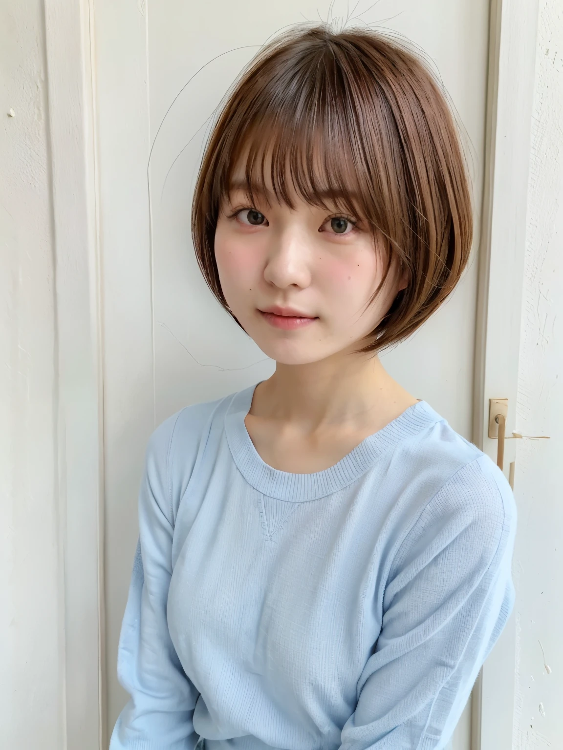 table top、japanese woman、RAW photo (30 year old girl),Light blue long sleeve dress,realistic skin, (high detail skin:1.2),Taken in front of the white door,spring colors,realistic, don&#39;t look at the camera、film grain,bright colors,beautiful face,soft natural light、short hair、bob cut、bob hair、fluffy hairstyle