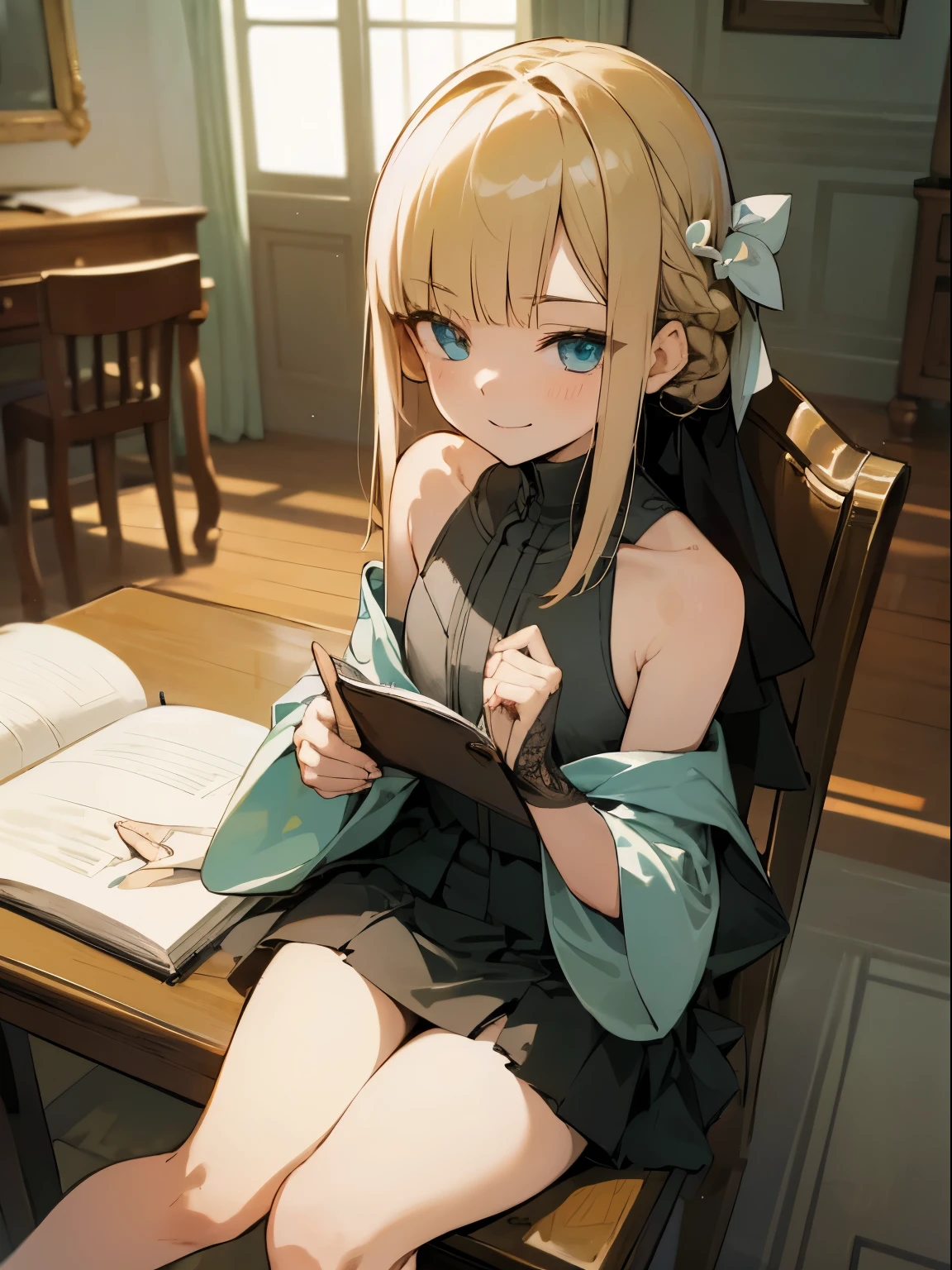 Reines, 1girl, high quality, best quality, illustration, masterpiece, (highly detailed:1.2), (extremely detailed:1.3), flat chest, strapless dress, bare shoulders, young girl, mini skirt, braid, (children:1.2), slender thighs, , in a house, sitting on chair, smiling, studying, desk,